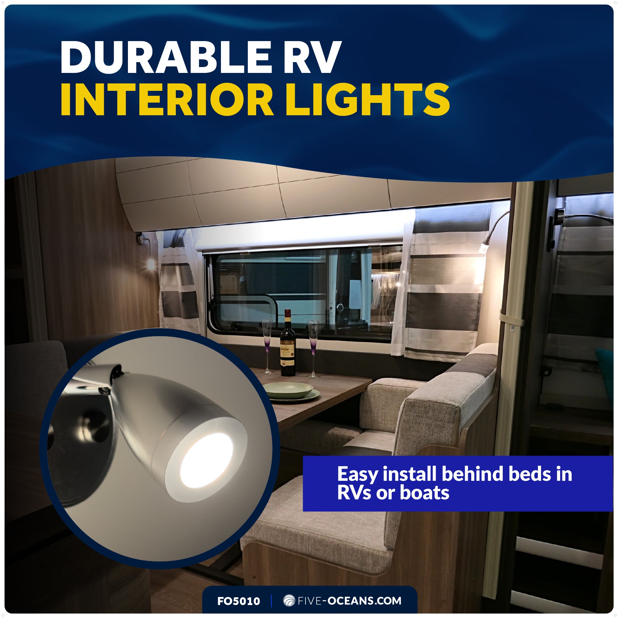 LED Reading Light with USB-C, Touch Dimmer, Warm White & Blue, Aluminum Housing, 200LM, 10-28V DC - FO5010 - Five Oceans