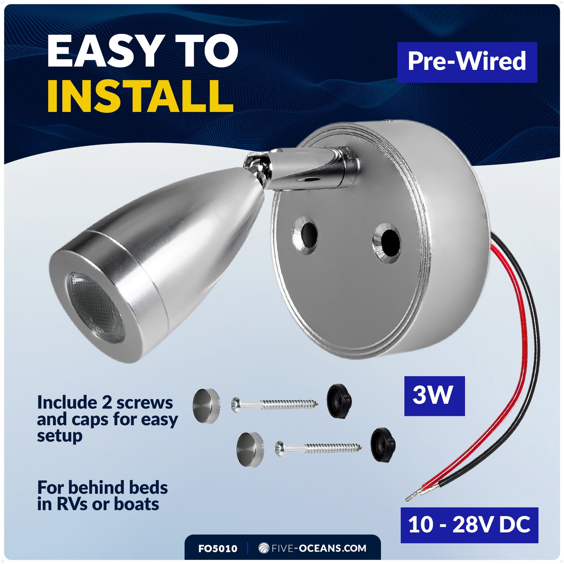 LED Reading Light with USB-C, Touch Dimmer, Warm White & Blue, Aluminum Housing, 200LM, 10-28V DC - FO5010 - Five Oceans