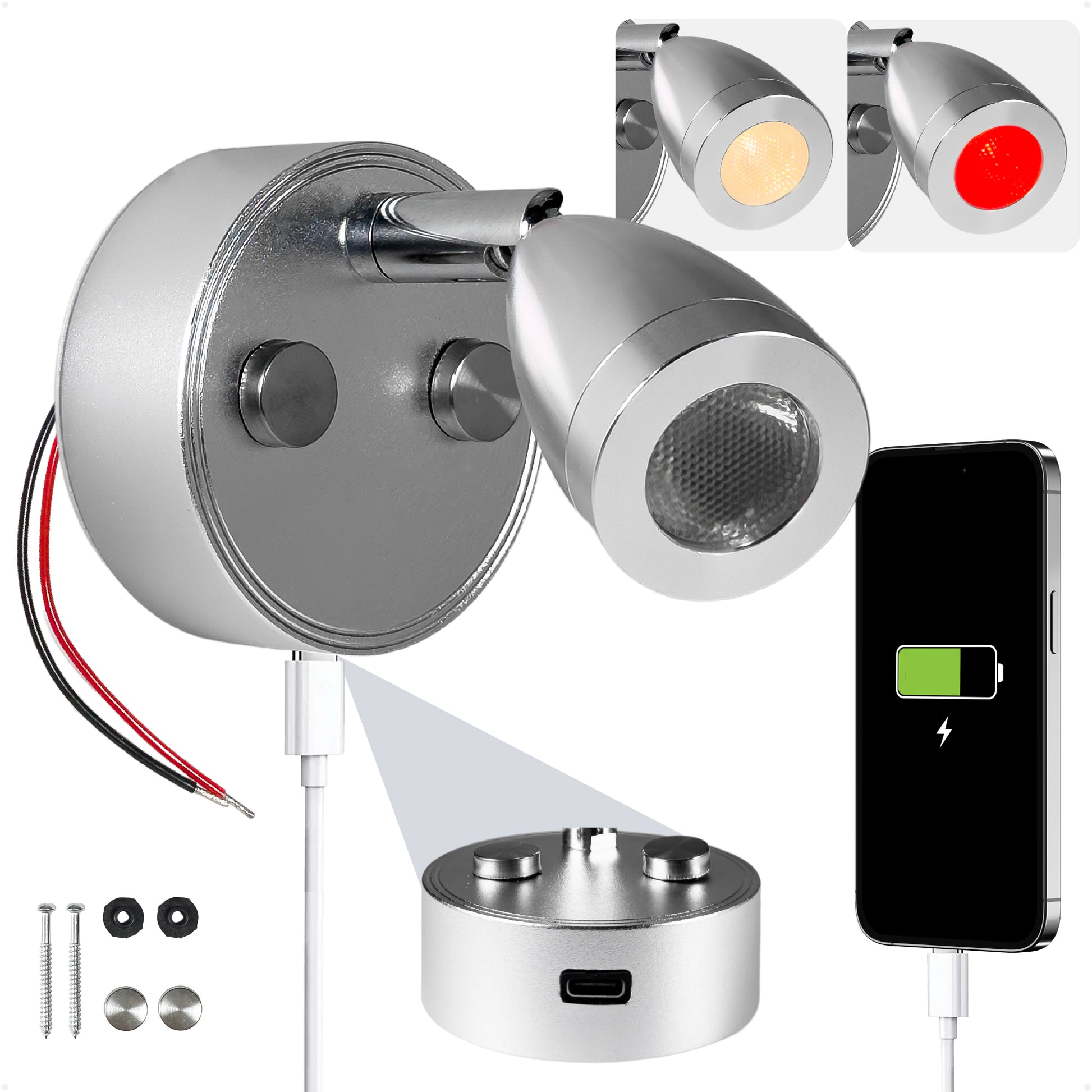 LED Reading Light with USB-C, Touch Dimmer, Warm White & Red, Aluminum Housing, 200LM, 10-28V DC - FO5012 - Five Oceans