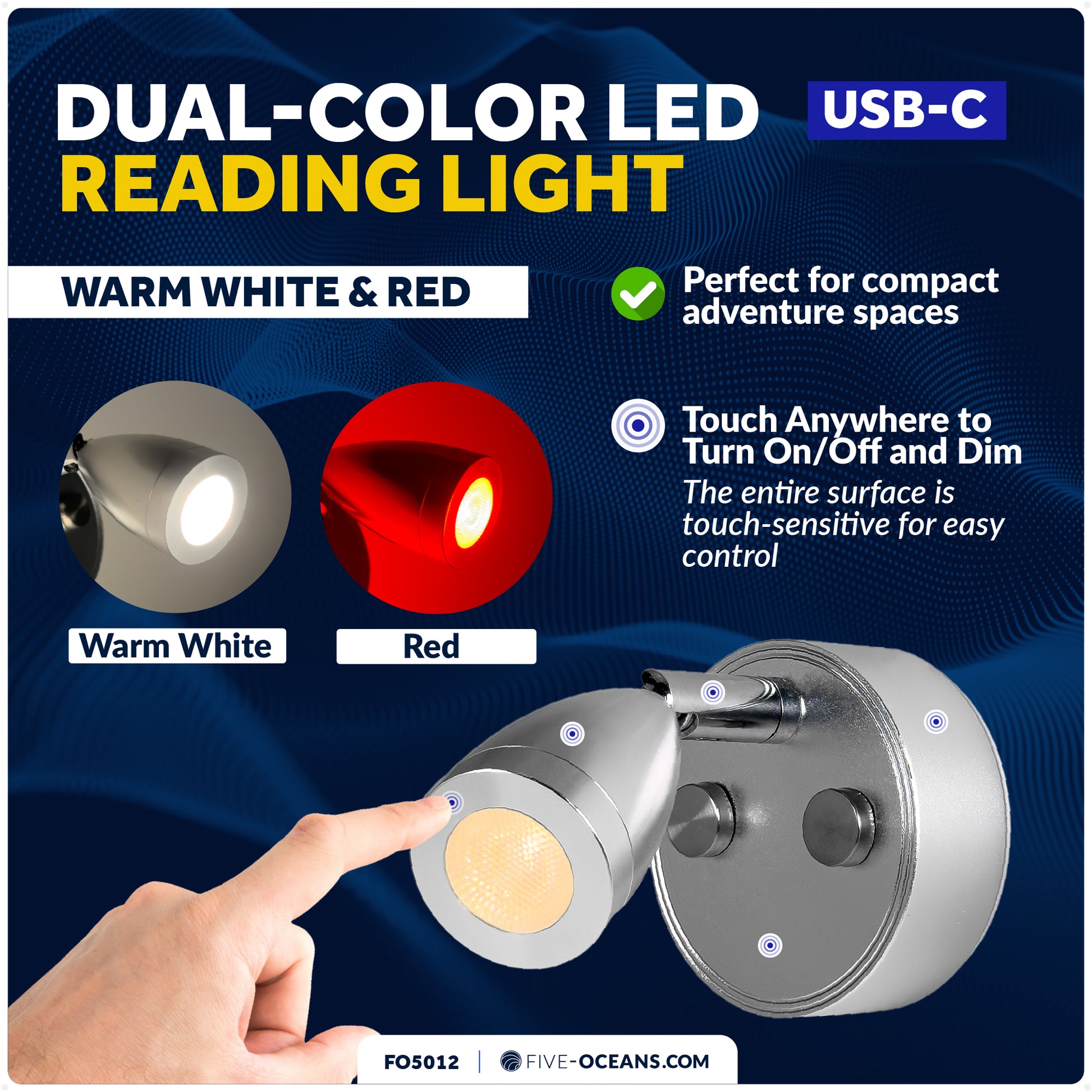 LED Reading Light with USB-C, Touch Dimmer, Warm White & Red, Aluminum Housing, 200LM, 10-28V DC - FO5012 - Five Oceans