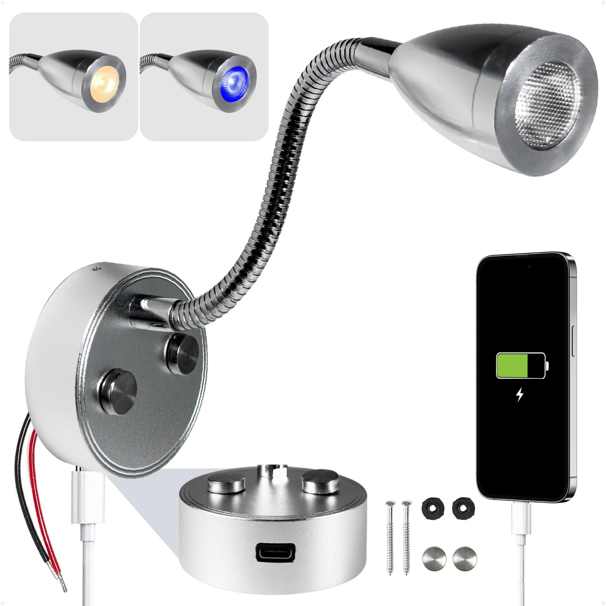 LED Reading Light with USB-C, Touch Dimmer, Warm White & Blue, Aluminum Housing, Flexible Gooseneck Style, 200LM, 10-28V DC - FO5014 - Five Oceans