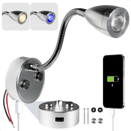 LED Reading Light with USB-C, Touch Dimmer, Warm White & Blue, Aluminum Housing, Flexible Gooseneck Style, 200LM, 10-28V DC