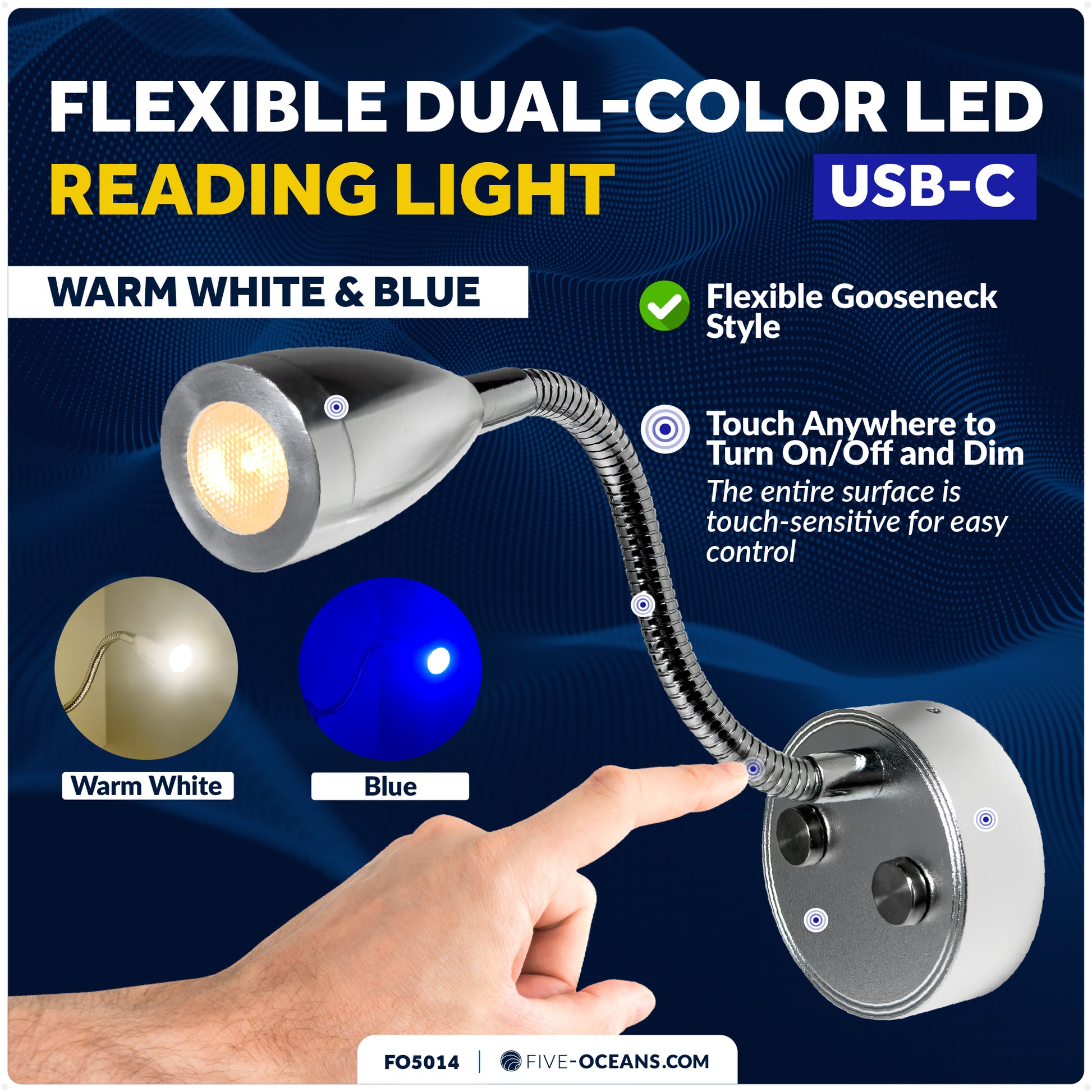 LED Reading Light with USB-C, Touch Dimmer, Warm White & Blue, Aluminum Housing, Flexible Gooseneck Style, 200LM, 10-28V DC - FO5014 - Five Oceans
