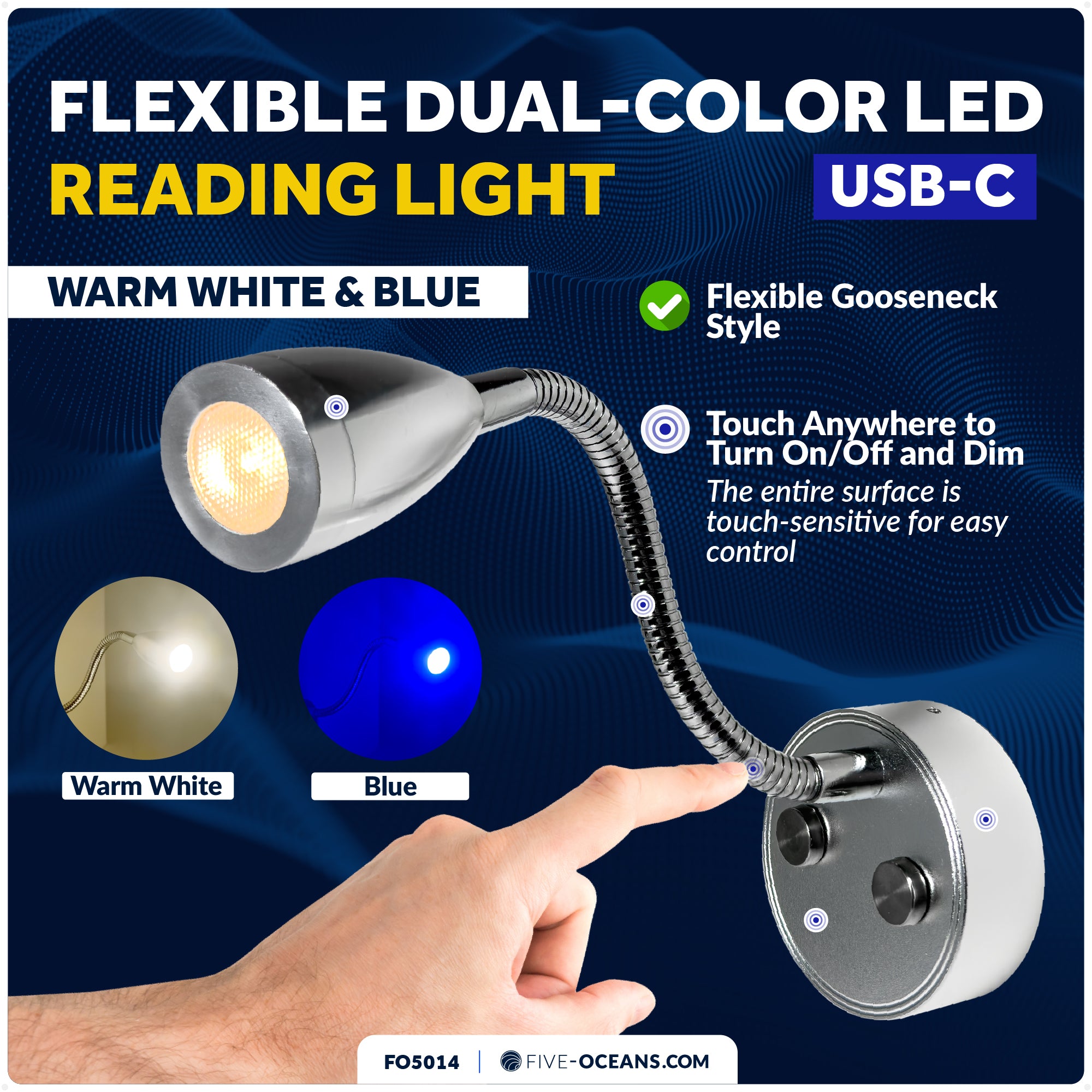 LED Reading Light with USB-C, Touch Dimmer, Warm White & Blue, Aluminum Housing, Flexible Gooseneck Style, 200LM, 10-28V DC - FO5014 - Five Oceans