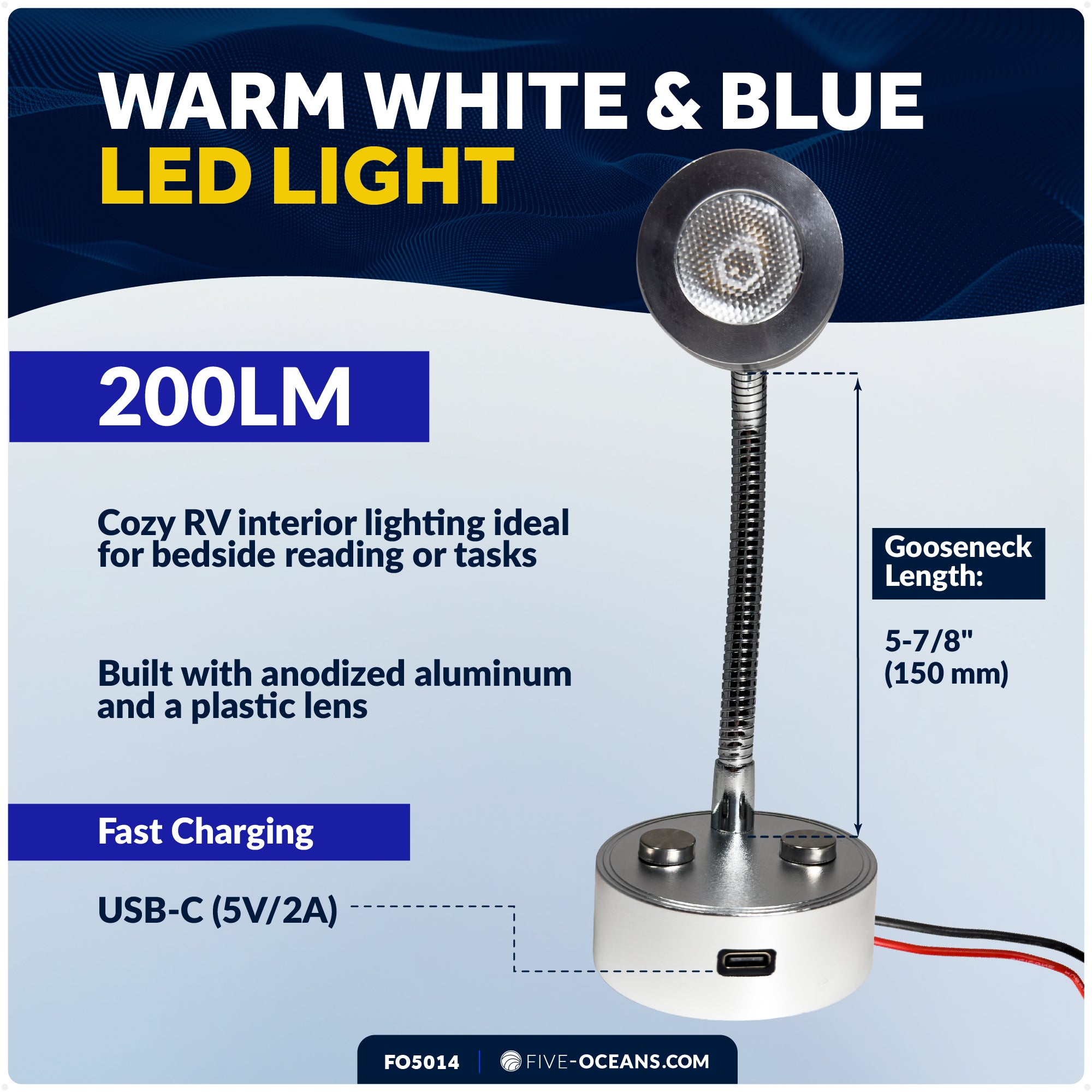 LED Reading Light with USB-C, Touch Dimmer, Warm White & Blue, Aluminum Housing, Flexible Gooseneck Style, 200LM, 10-28V DC - FO5014 - Five Oceans