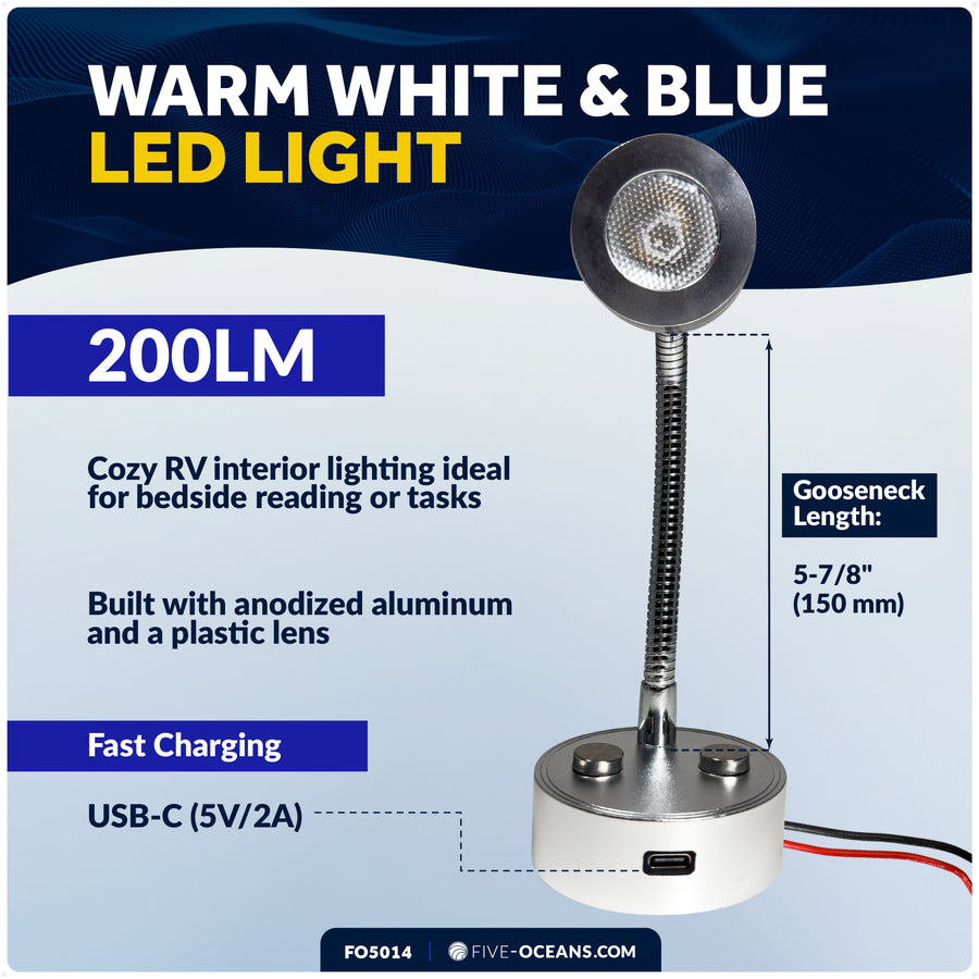 LED Reading Light with USB-C, Touch Dimmer, Warm White & Blue, Aluminum Housing, Flexible Gooseneck Style, 200LM, 10-28V DC - FO5014 - Five Oceans
