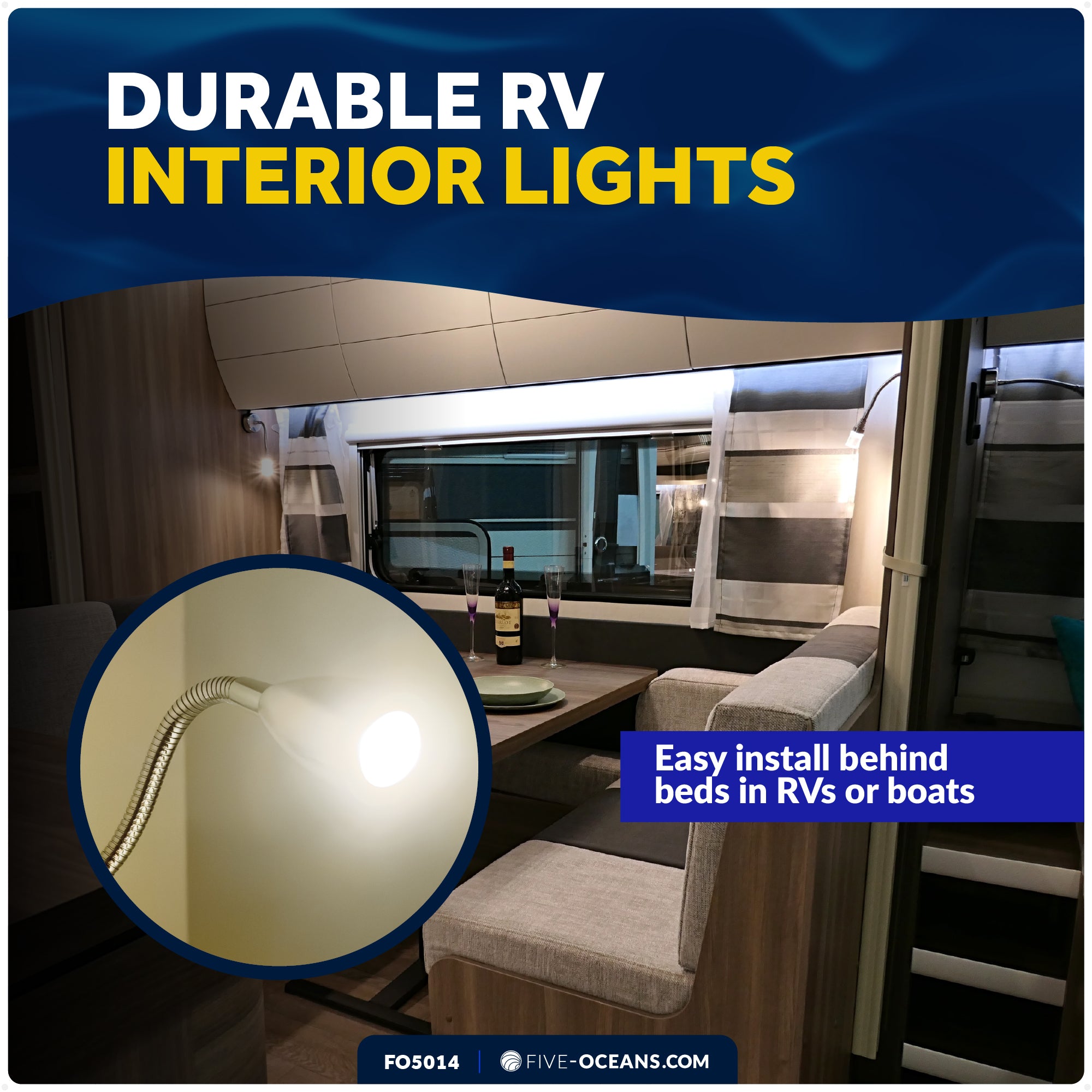 LED Reading Light with USB-C, Touch Dimmer, Warm White & Blue, Aluminum Housing, Flexible Gooseneck Style, 200LM, 10-28V DC - FO5014 - Five Oceans