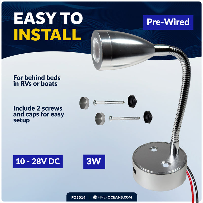 LED Reading Light with USB-C, Touch Dimmer, Warm White & Blue, Aluminum Housing, Flexible Gooseneck Style, 200LM, 10-28V DC - FO5014 - Five Oceans