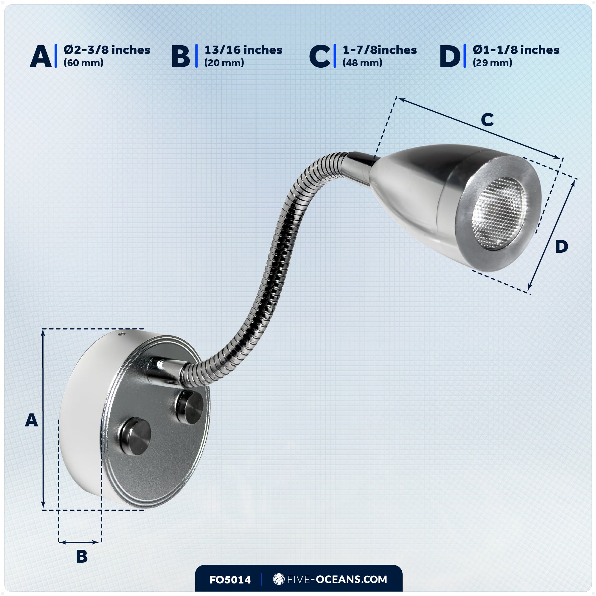 LED Reading Light with USB-C, Touch Dimmer, Warm White & Blue, Aluminum Housing, Flexible Gooseneck Style, 200LM, 10-28V DC - FO5014 - Five Oceans