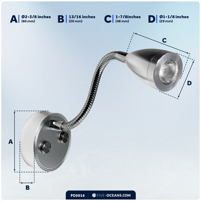 LED Reading Light with USB-C, Touch Dimmer, Warm White & Blue, Aluminum Housing, Flexible Gooseneck Style, 200LM, 10-28V DC - FO5014 - Five Oceans