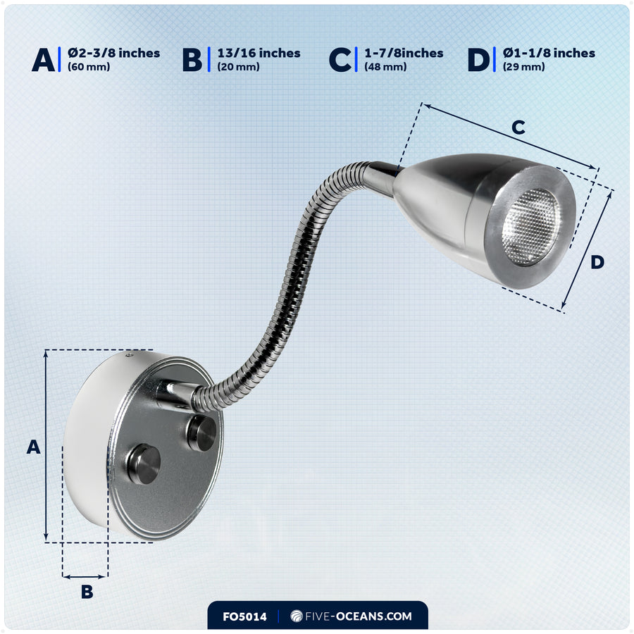 LED Reading Light with USB-C, Touch Dimmer, Warm White & Blue, Aluminum Housing, Flexible Gooseneck Style, 200LM, 10-28V DC - FO5014 - Five Oceans
