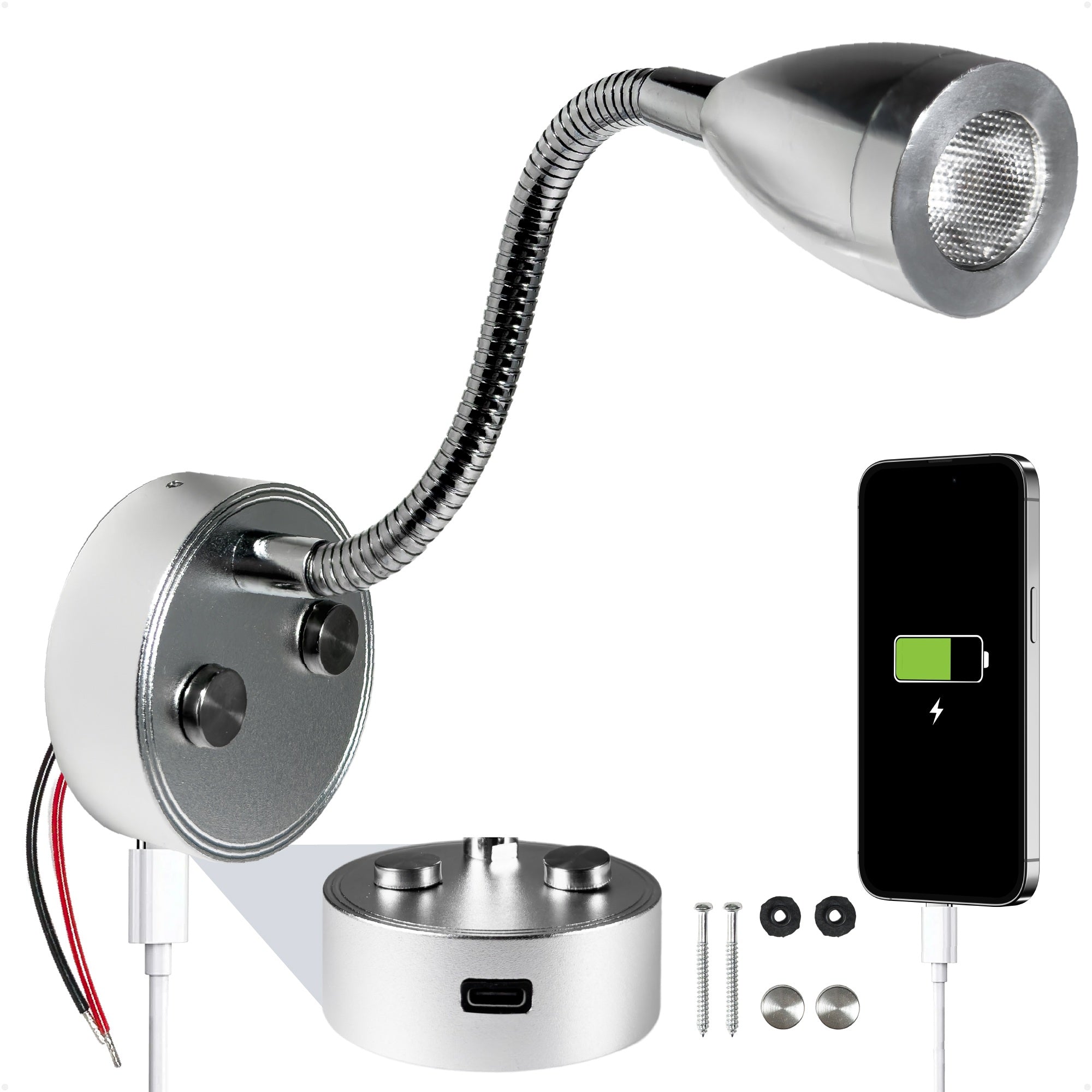 LED Reading Light with USB-C, Touch Dimmer, Aluminum Housing, Flexible Gooseneck Style, 200LM, 10-28V DC - Five Oceans