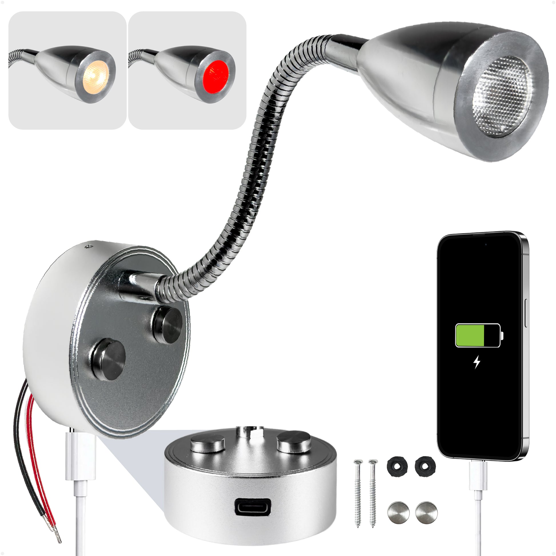 LED Reading Light with USB-C, Touch Dimmer, Warm White & Red, Aluminum Housing, Flexible Gooseneck Style, 200LM, 10-28V DC - FO5016 - Five Oceans