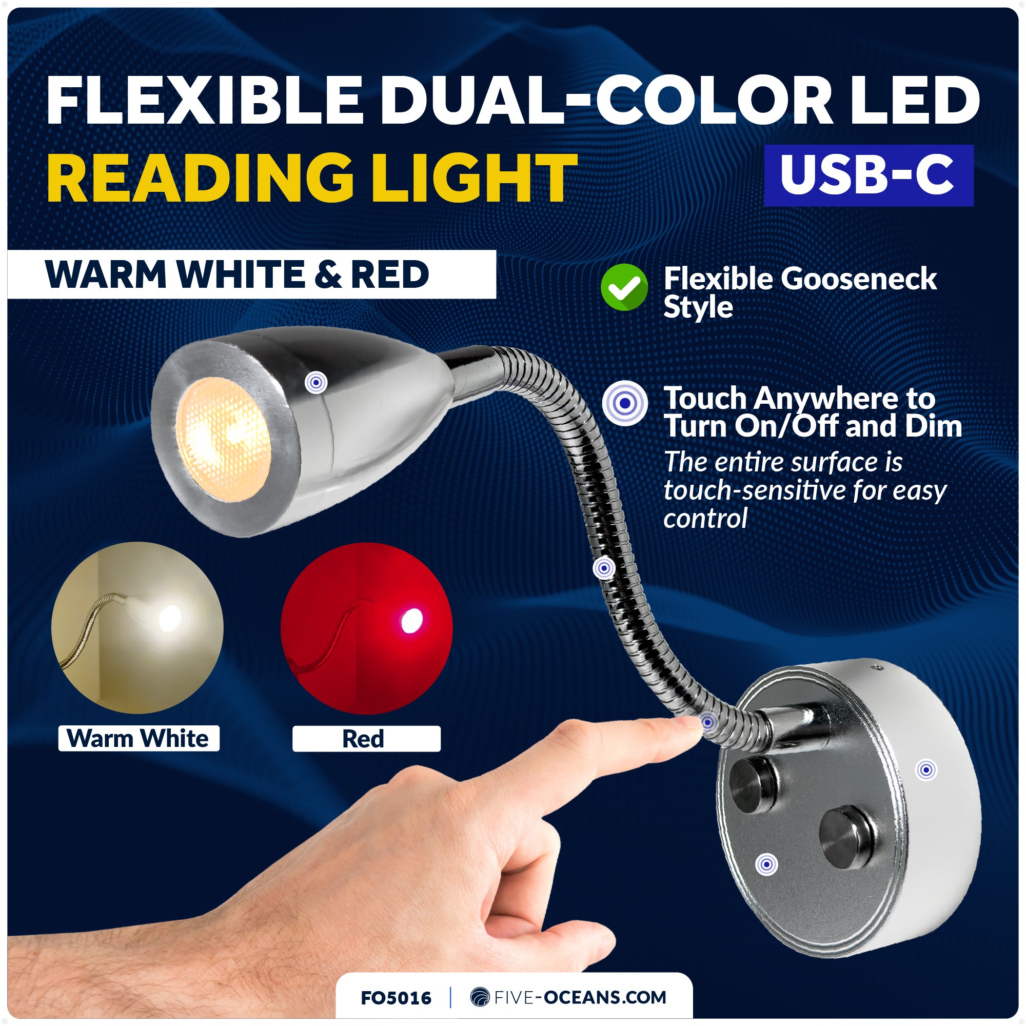 LED Reading Light with USB-C, Touch Dimmer, Warm White & Red, Aluminum Housing, Flexible Gooseneck Style, 200LM, 10-28V DC - FO5016 - Five Oceans