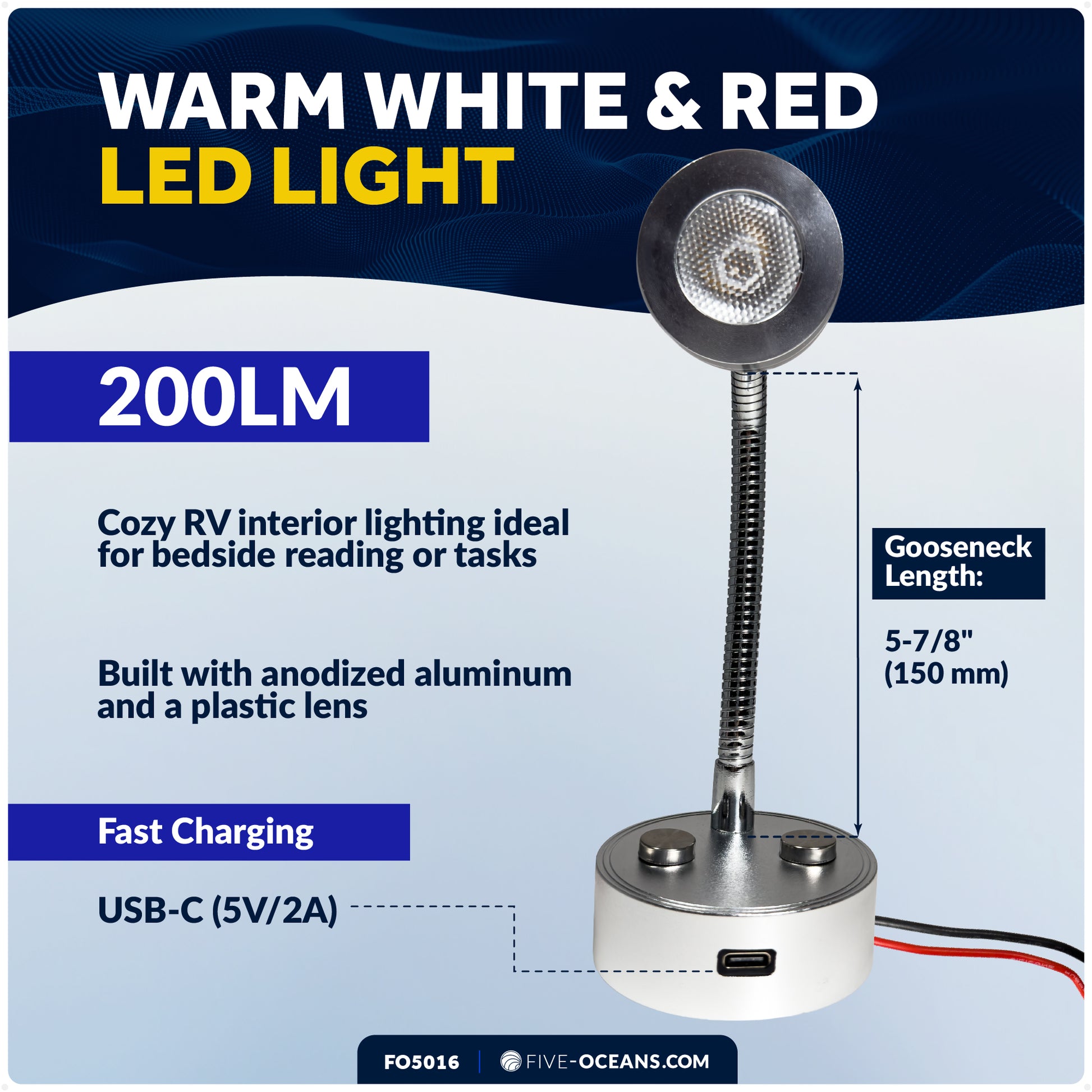 LED Reading Light with USB-C, Touch Dimmer, Warm White & Red, Aluminum Housing, Flexible Gooseneck Style, 200LM, 10-28V DC - FO5016 - Five Oceans