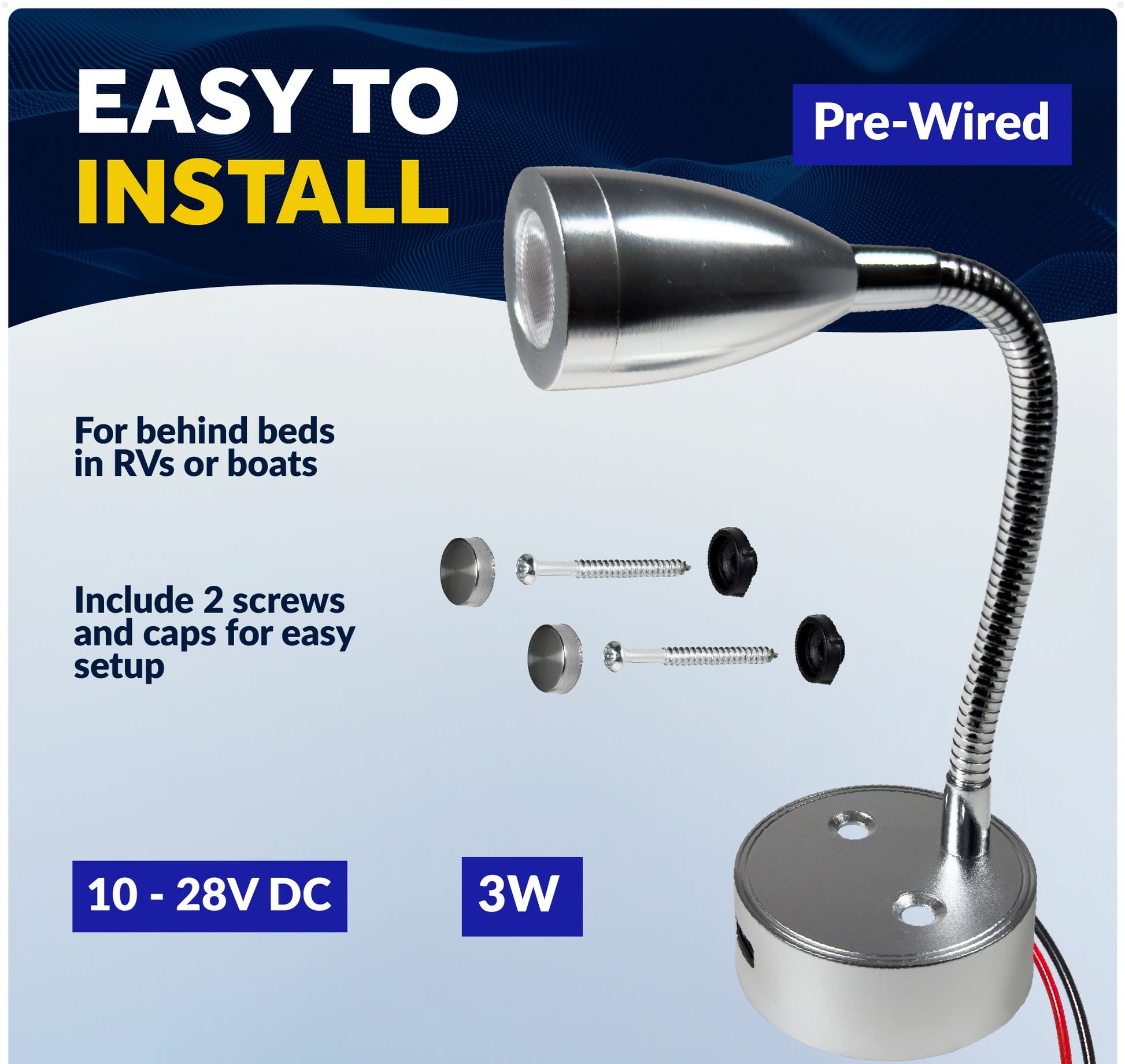 LED Reading Light with USB-C, Touch Dimmer, Aluminum Housing, Flexible Gooseneck Style, 200LM, 10-28V DC - Five Oceans