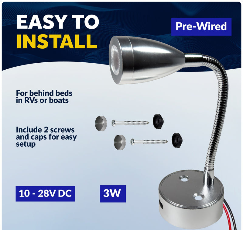 LED Reading Light with USB-C, Touch Dimmer, Aluminum Housing, Flexible Gooseneck Style, 200LM, 10-28V DC - Five Oceans