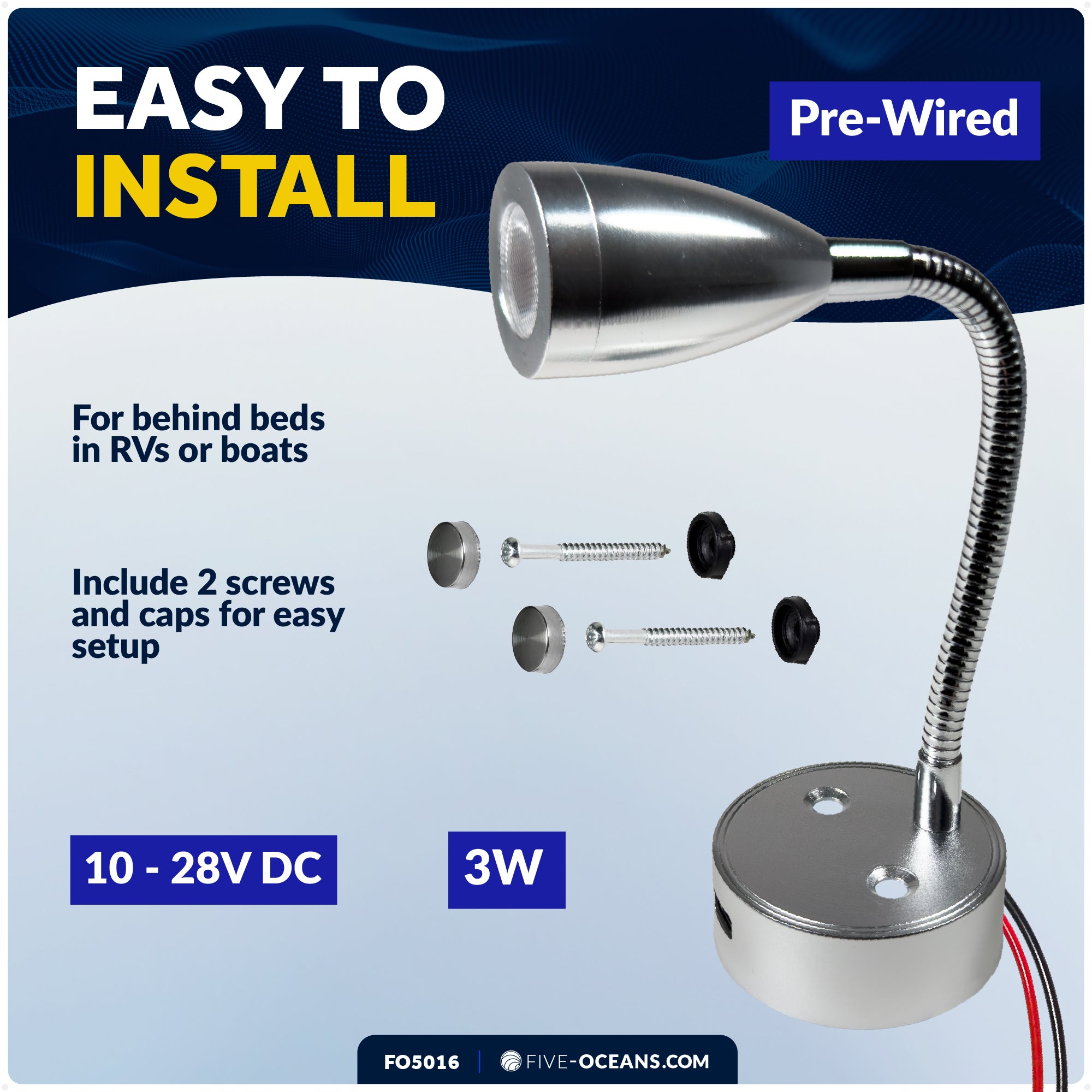 LED Reading Light with USB-C, Touch Dimmer, Warm White & Red, Aluminum Housing, Flexible Gooseneck Style, 200LM, 10-28V DC - FO5016 - Five Oceans