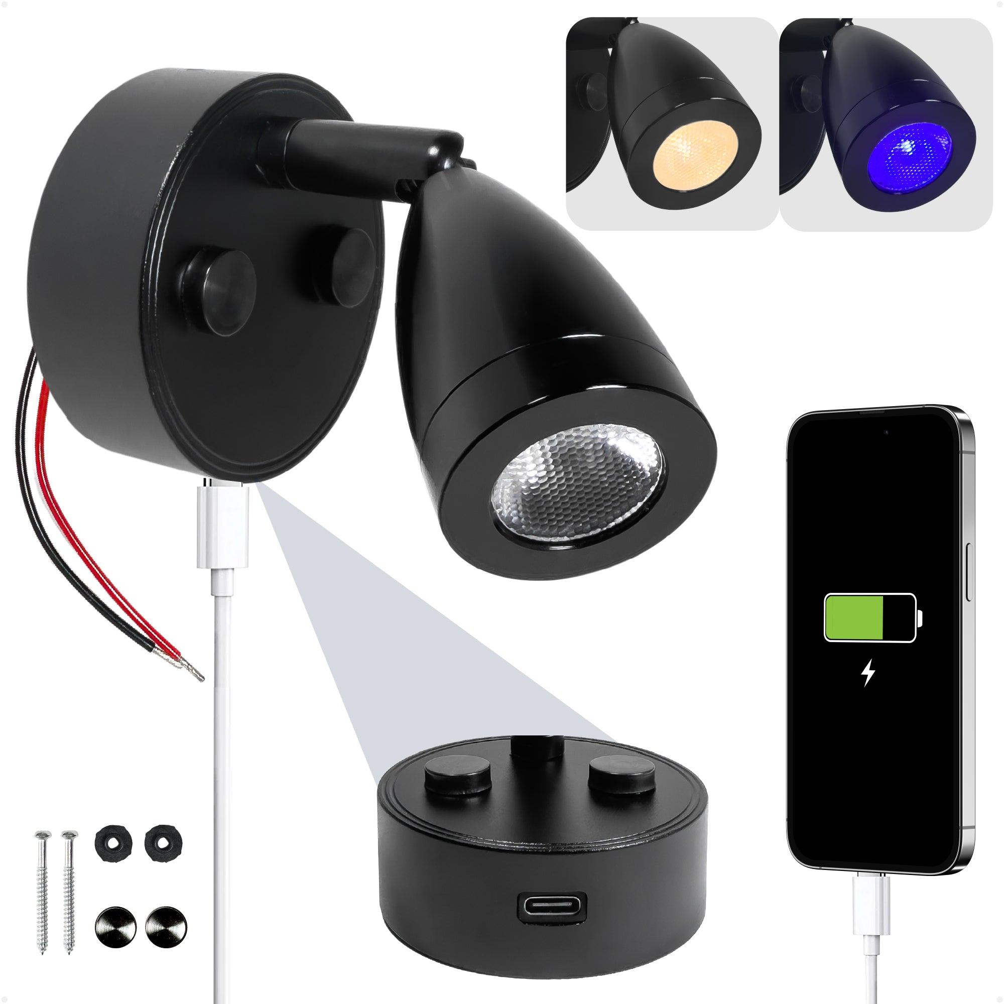 LED Reading Light with USB-C, Touch Dimmer, Warm White & Blue, Matte Black Aluminum Housing, 200LM, 10-28V DC - FO5034 - Five Oceans