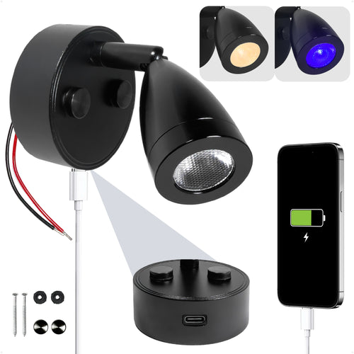 LED Reading Light with USB-C, Touch Dimmer, Warm White & Blue, Matte Black Aluminum Housing, 200LM, 10-28V DC