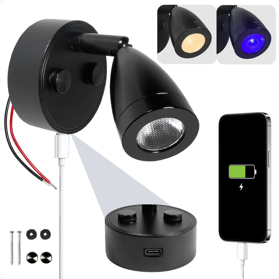 LED Reading Light with USB-C, Touch Dimmer, Warm White & Blue, Matte Black Aluminum Housing, 200LM, 10-28V DC - FO5034 - Five Oceans