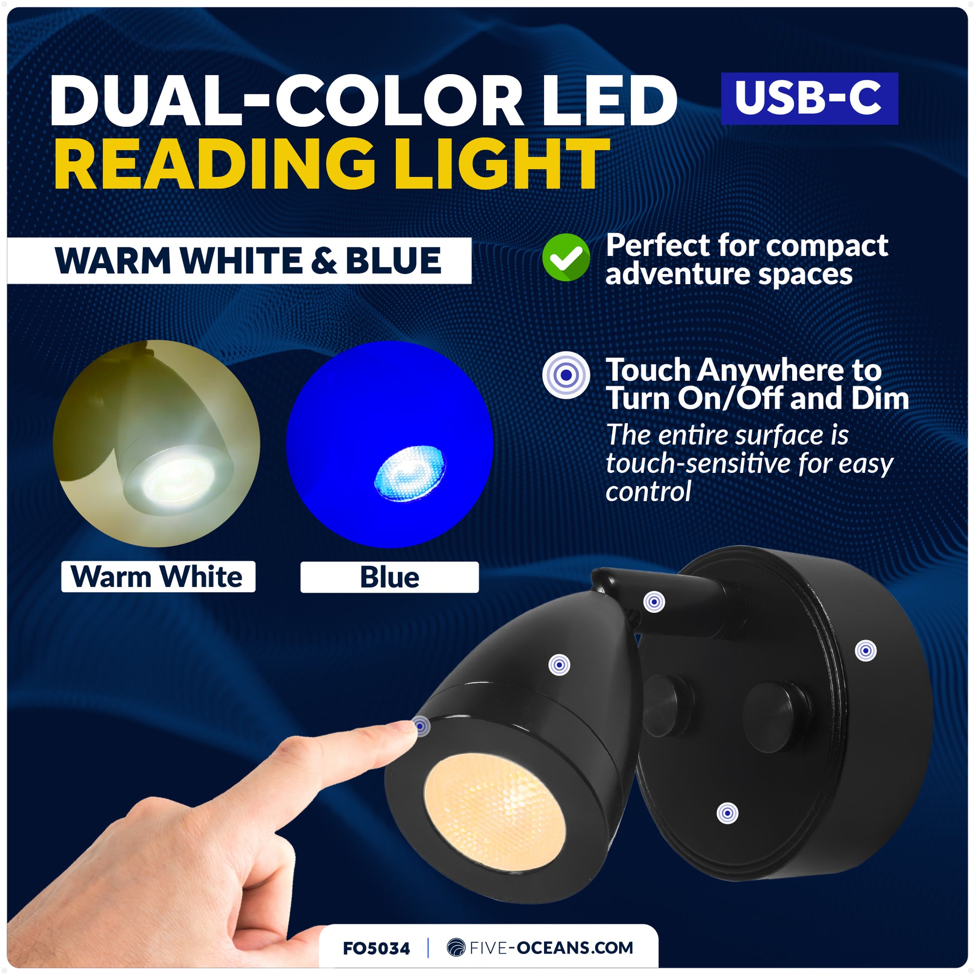 LED Reading Light with USB-C, Touch Dimmer, Warm White & Blue, Matte Black Aluminum Housing, 200LM, 10-28V DC - FO5034 - Five Oceans