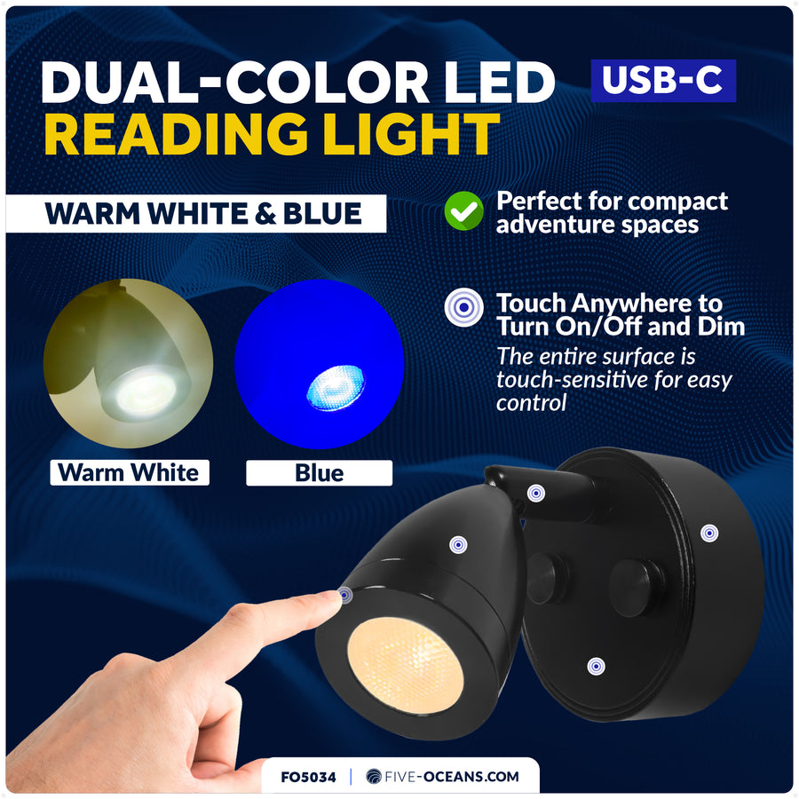 LED Reading Light with USB-C, Touch Dimmer, Warm White & Blue, Matte Black Aluminum Housing, 200LM, 10-28V DC - FO5034 - Five Oceans
