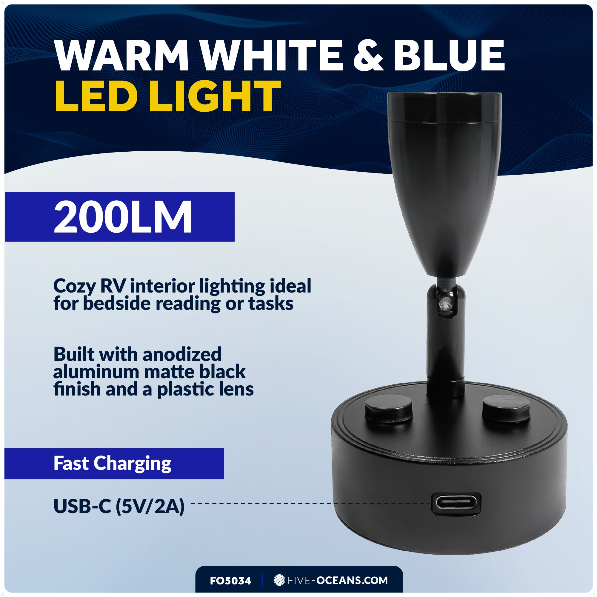 LED Reading Light with USB-C, Touch Dimmer, Warm White & Blue, Matte Black Aluminum Housing, 200LM, 10-28V DC - FO5034 - Five Oceans