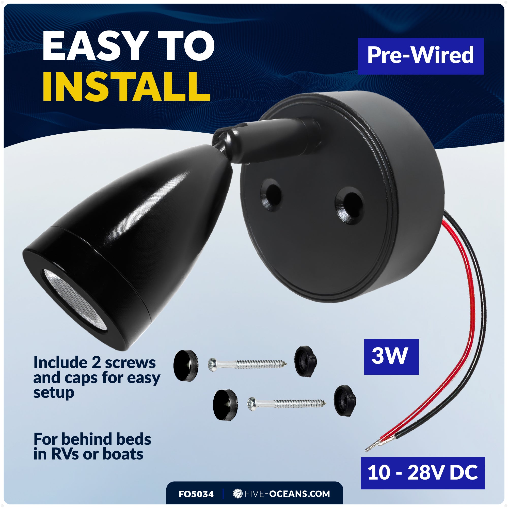 LED Reading Light with USB-C, Touch Dimmer, Warm White & Blue, Matte Black Aluminum Housing, 200LM, 10-28V DC - FO5034 - Five Oceans