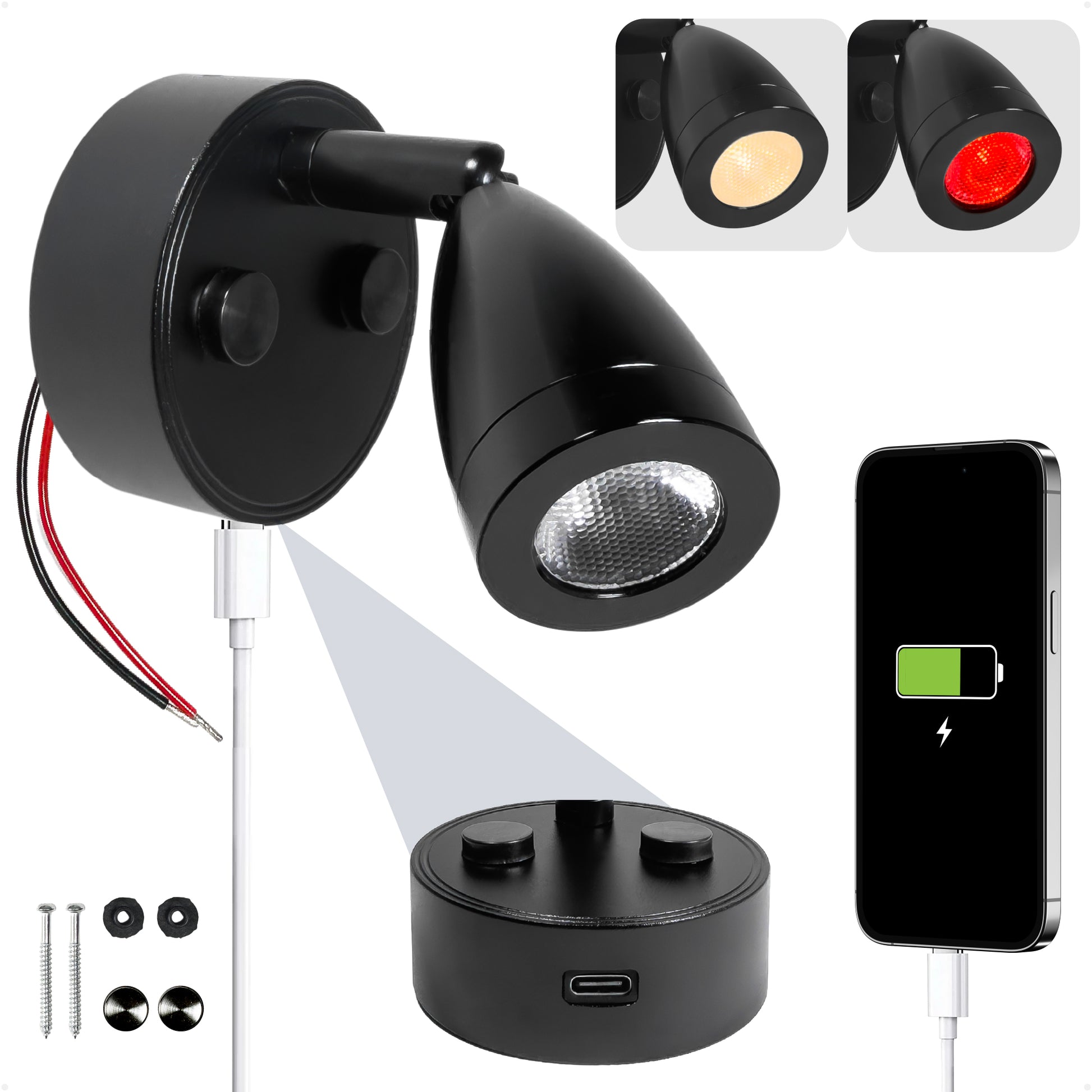 LED Reading Light with USB-C, Touch Dimmer, Warm White & Red, Matte Black Aluminum Housing, 200LM, 10-28V DC - FO5036 - Five Oceans