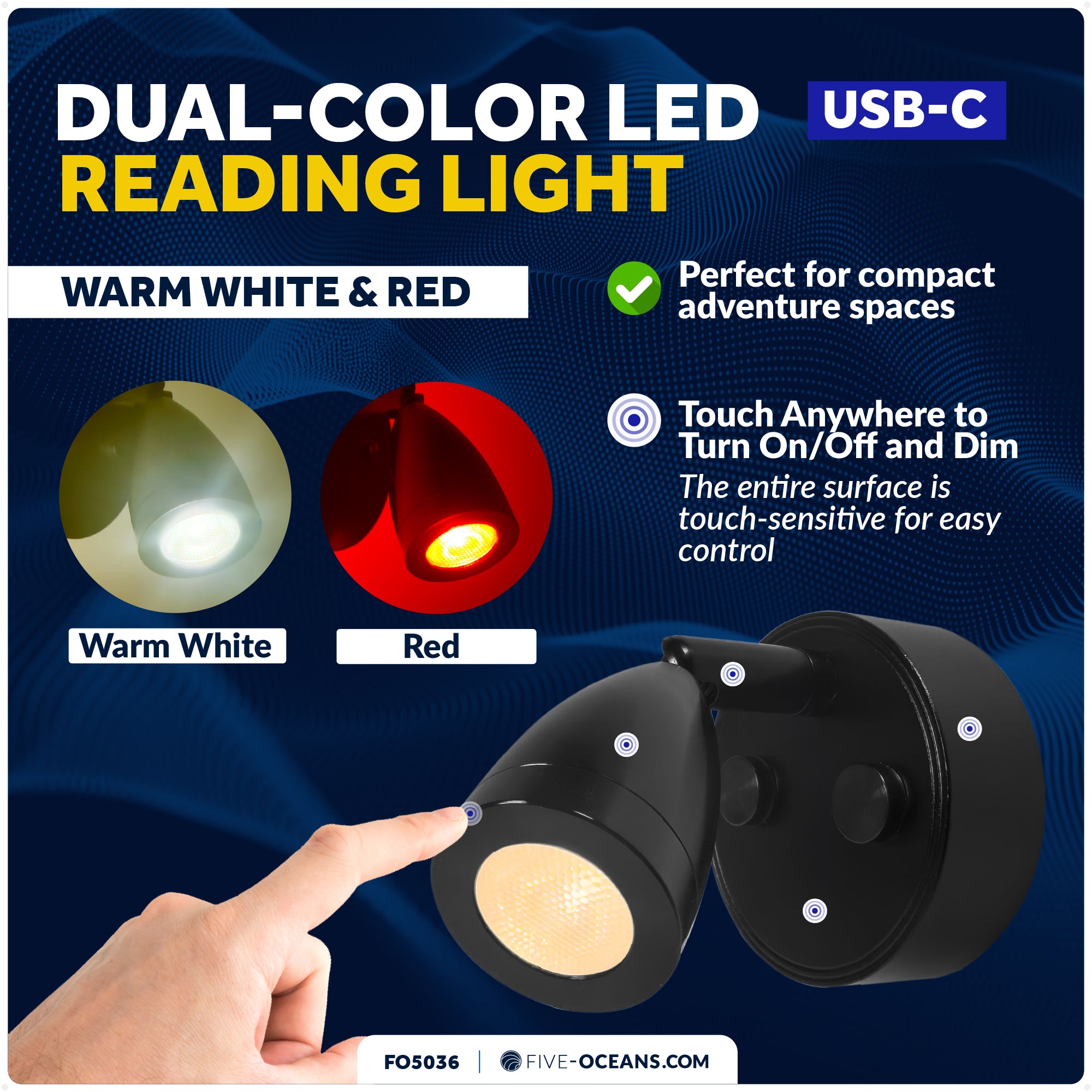 LED Reading Light with USB-C, Touch Dimmer, Warm White & Red, Matte Black Aluminum Housing, 200LM, 10-28V DC - FO5036 - Five Oceans