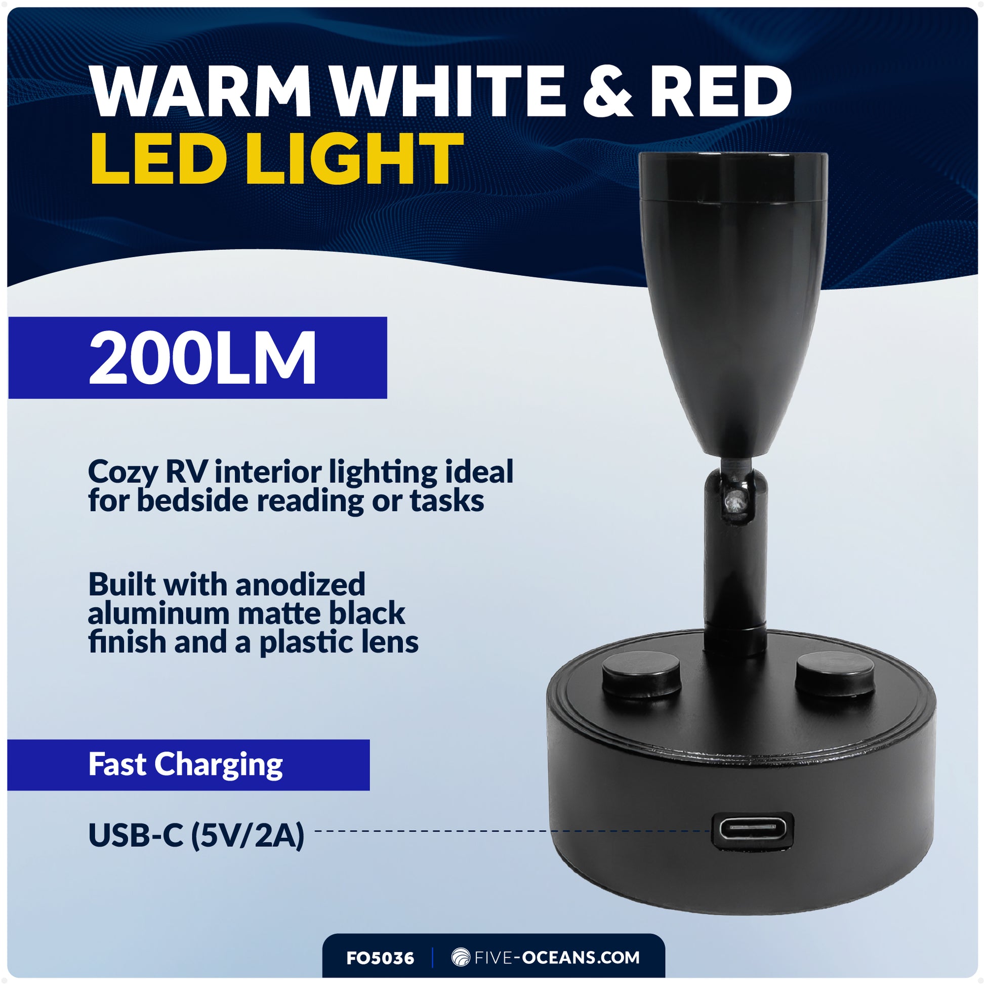 LED Reading Light with USB-C, Touch Dimmer, Warm White & Red, Matte Black Aluminum Housing, 200LM, 10-28V DC - FO5036 - Five Oceans