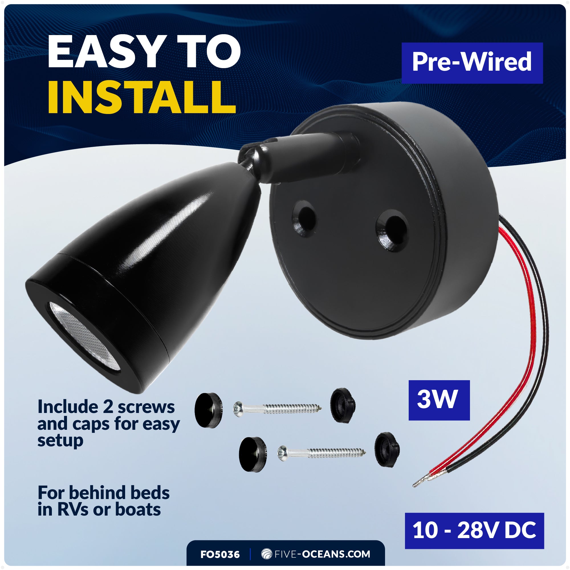 LED Reading Light with USB-C, Touch Dimmer, Warm White & Red, Matte Black Aluminum Housing, 200LM, 10-28V DC - FO5036 - Five Oceans