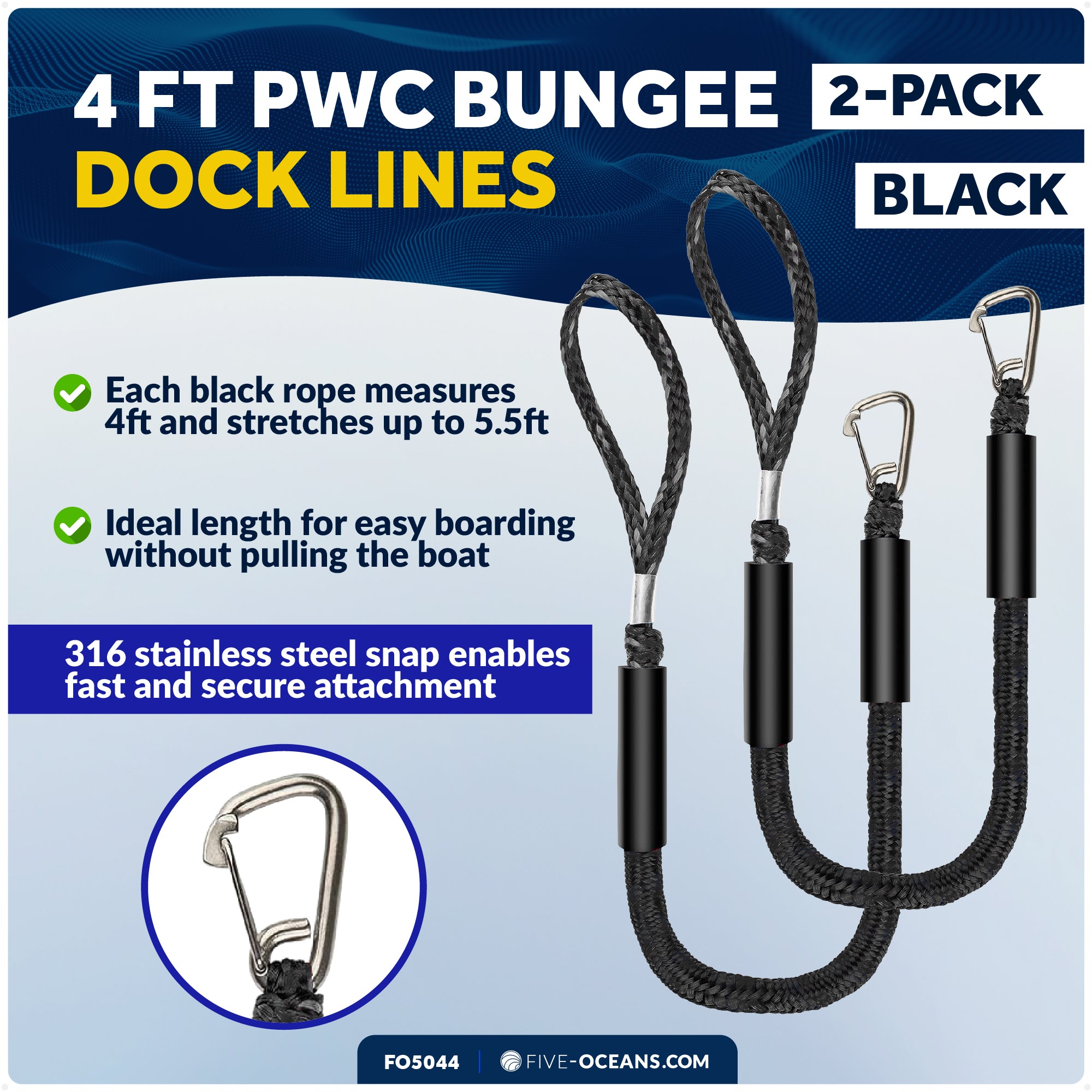 4 ft PWC Bungee Dock Lines, 316 Stainless Steel Clips, Black, 2-Pack - FO5044 - Five Oceans