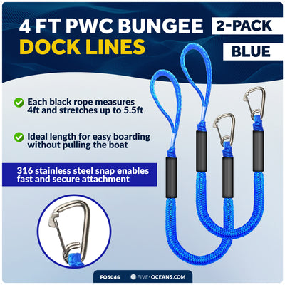 4 ft PWC Bungee Dock Lines, 316 Stainless Steel Clips, Blue, 2-Pack - Five Oceans