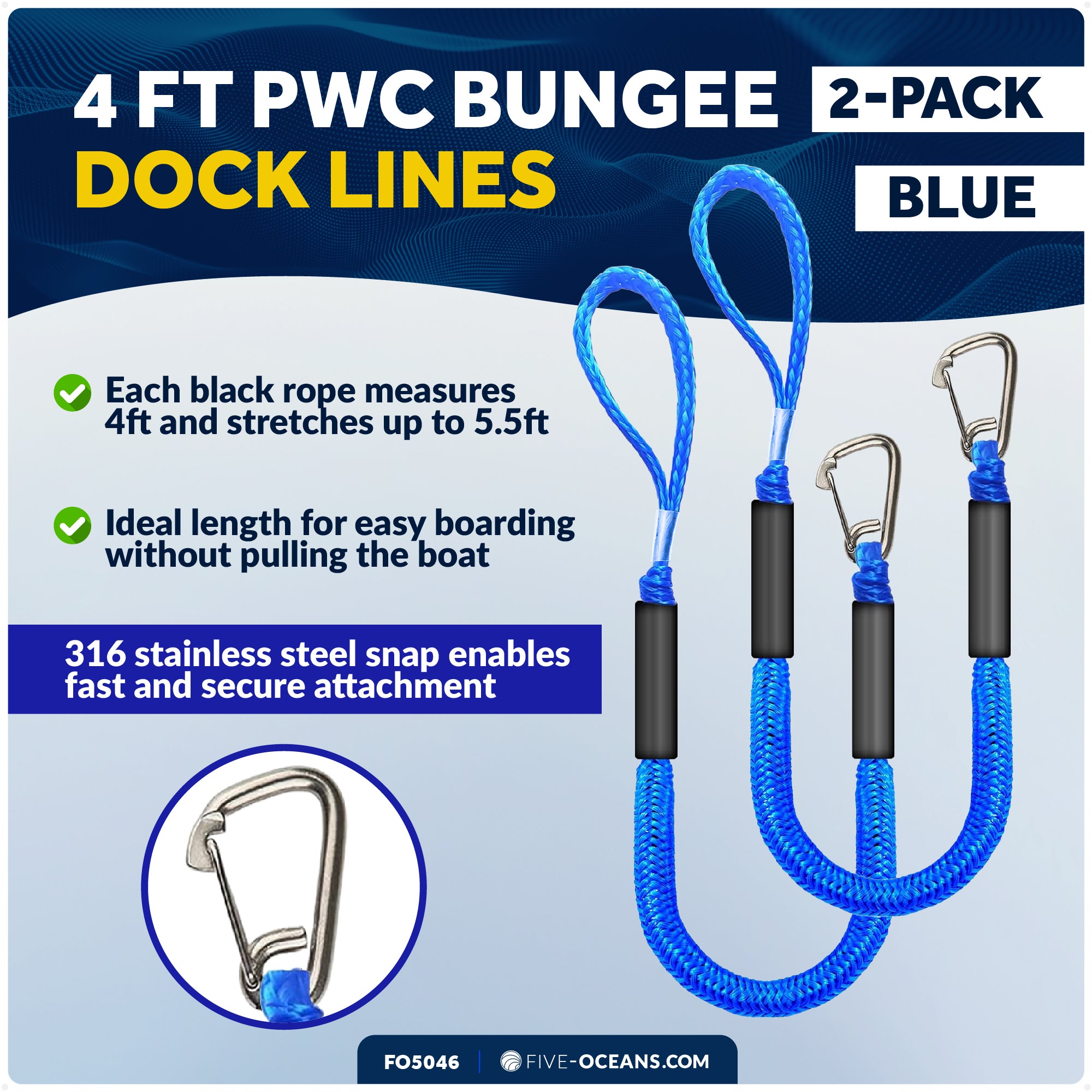 4 ft PWC Bungee Dock Lines, 316 Stainless Steel Clips, Blue, 2-Pack - FO5046 - Five Oceans