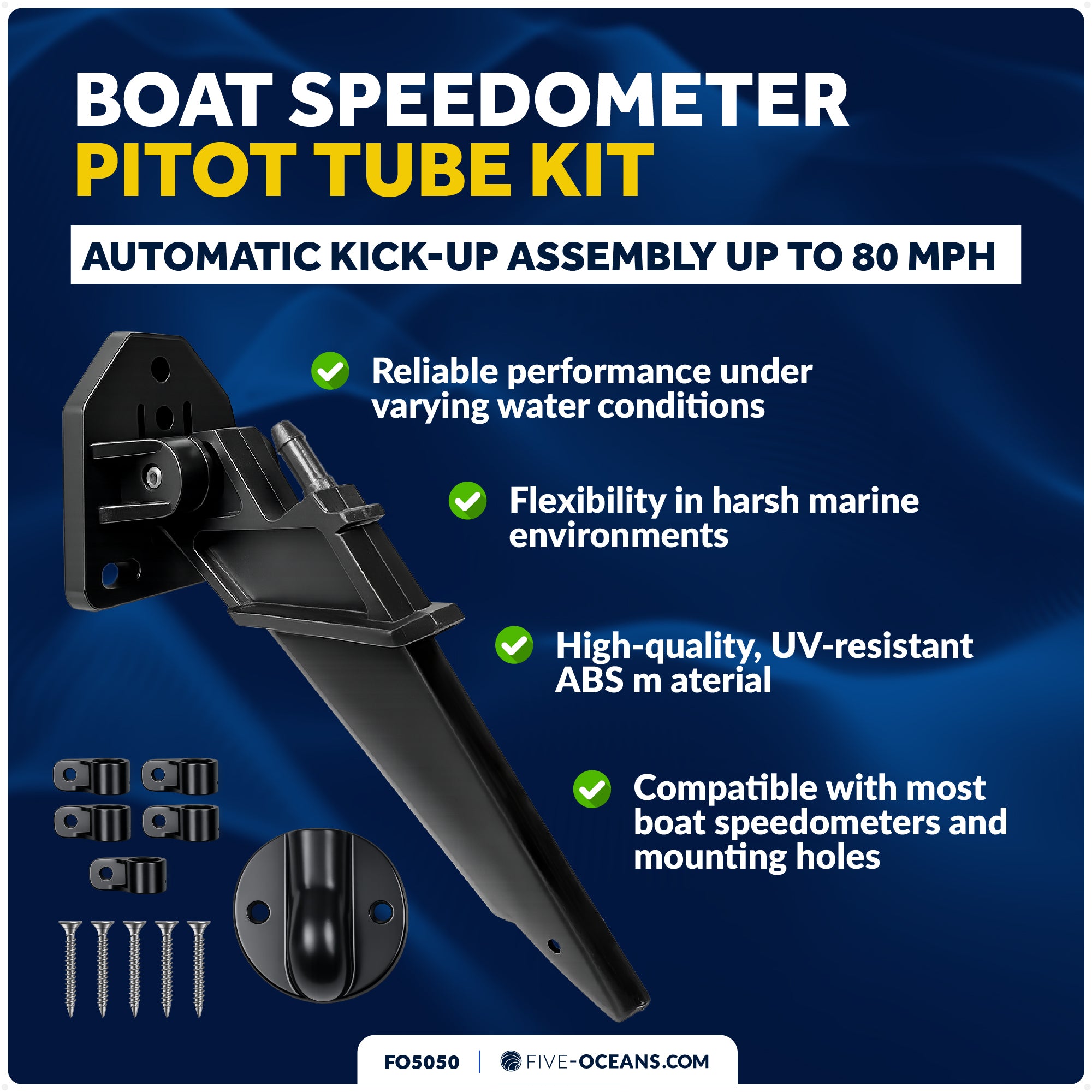 Boat Speedometer Pitot Tube Kit, Automatic Kick-Up Assembly Up to 80 MPH - FO5050 - Five Oceans
