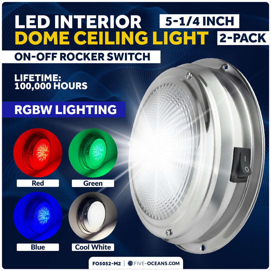 5-1/2" RGBW LED Dome Ceiling Light with Internal Drive, 12V, Stainless Steel Housing, 2-Pack - Five Oceans
