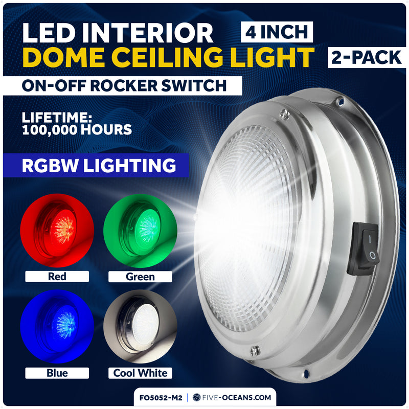 4" RGBW LED Dome Ceiling Light with Internal Drive, 12V, Stainless Steel Housing, 2-Pack - FO5052-M2 - Five Oceans