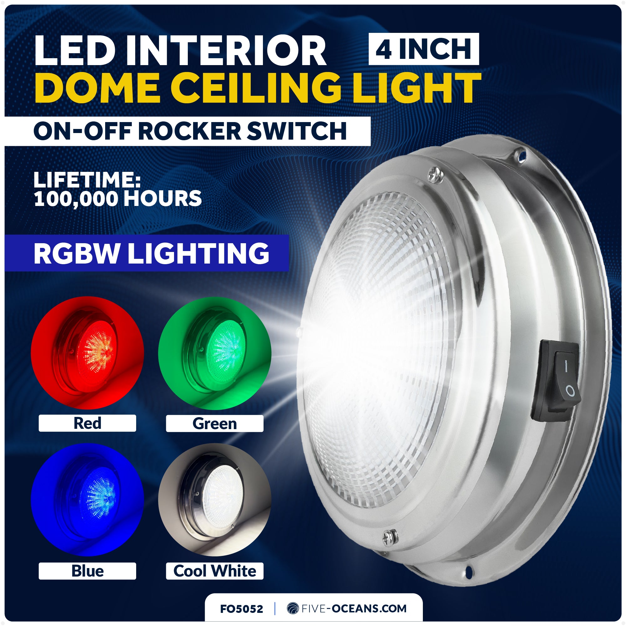 4" RGBW LED Dome Ceiling Light with Internal Drive, 12V, Stainless Steel Housing - FO5052 - Five Oceans