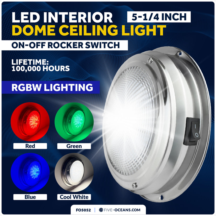 5-1/2" RGBW LED Dome Ceiling Light with Internal Drive, 12V, Stainless Steel Housing - Five Oceans