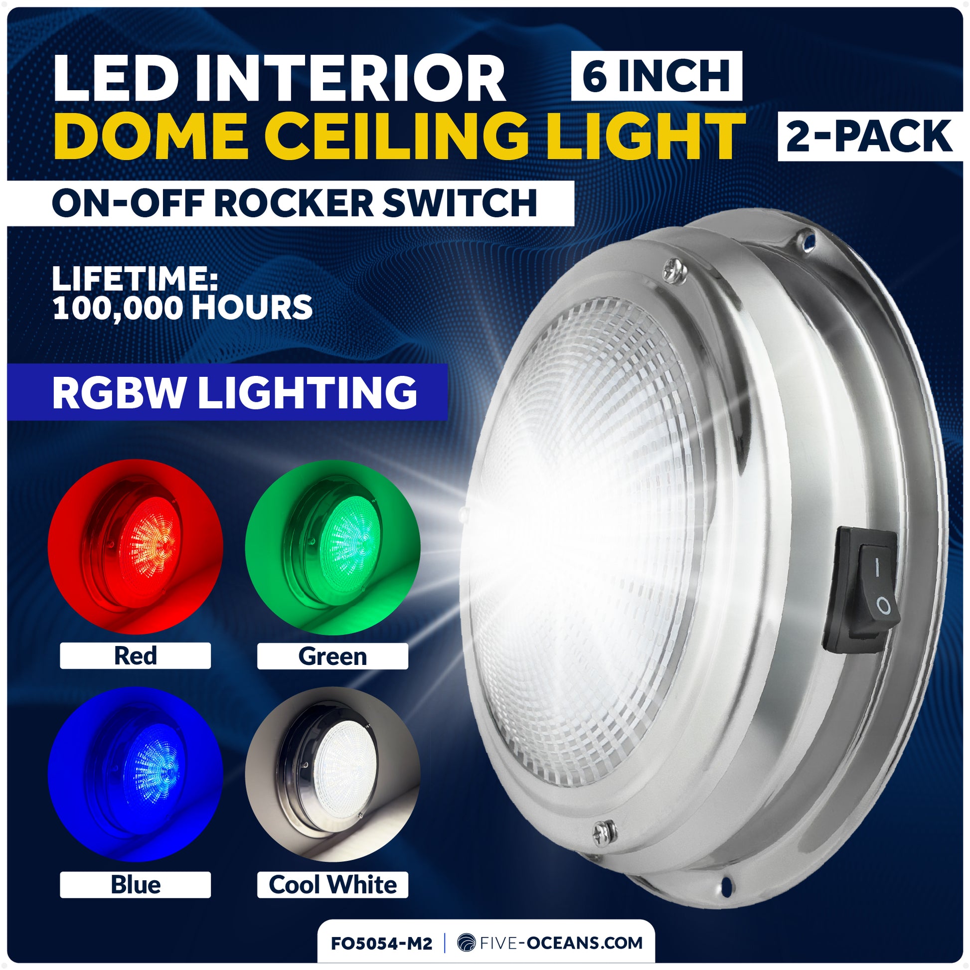 6" RGBW LED Dome Ceiling Light with Internal Drive, 12V, Stainless Steel Housing, 2-Pack - FO5054-M2 - Five Oceans
