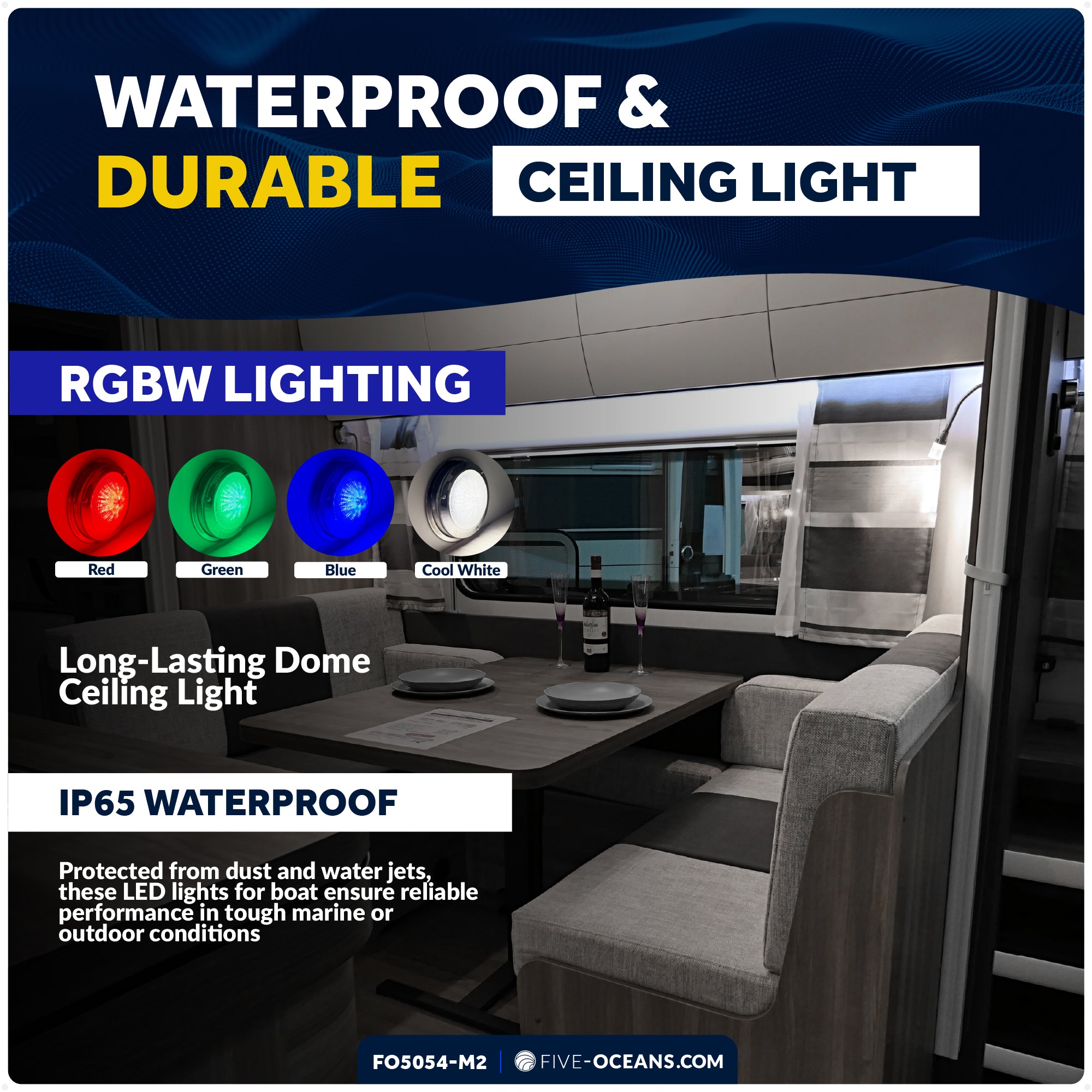 6" RGBW LED Dome Ceiling Light with Internal Drive, 12V, Stainless Steel Housing, 2-Pack - FO5054-M2 - Five Oceans