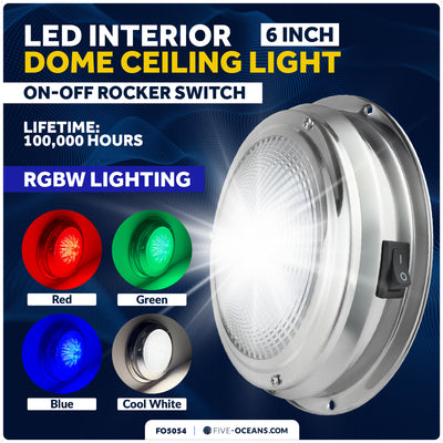 6" RGBW LED Dome Ceiling Light with Internal Drive, 12V, Stainless Steel Housing - FO5054 - Five Oceans
