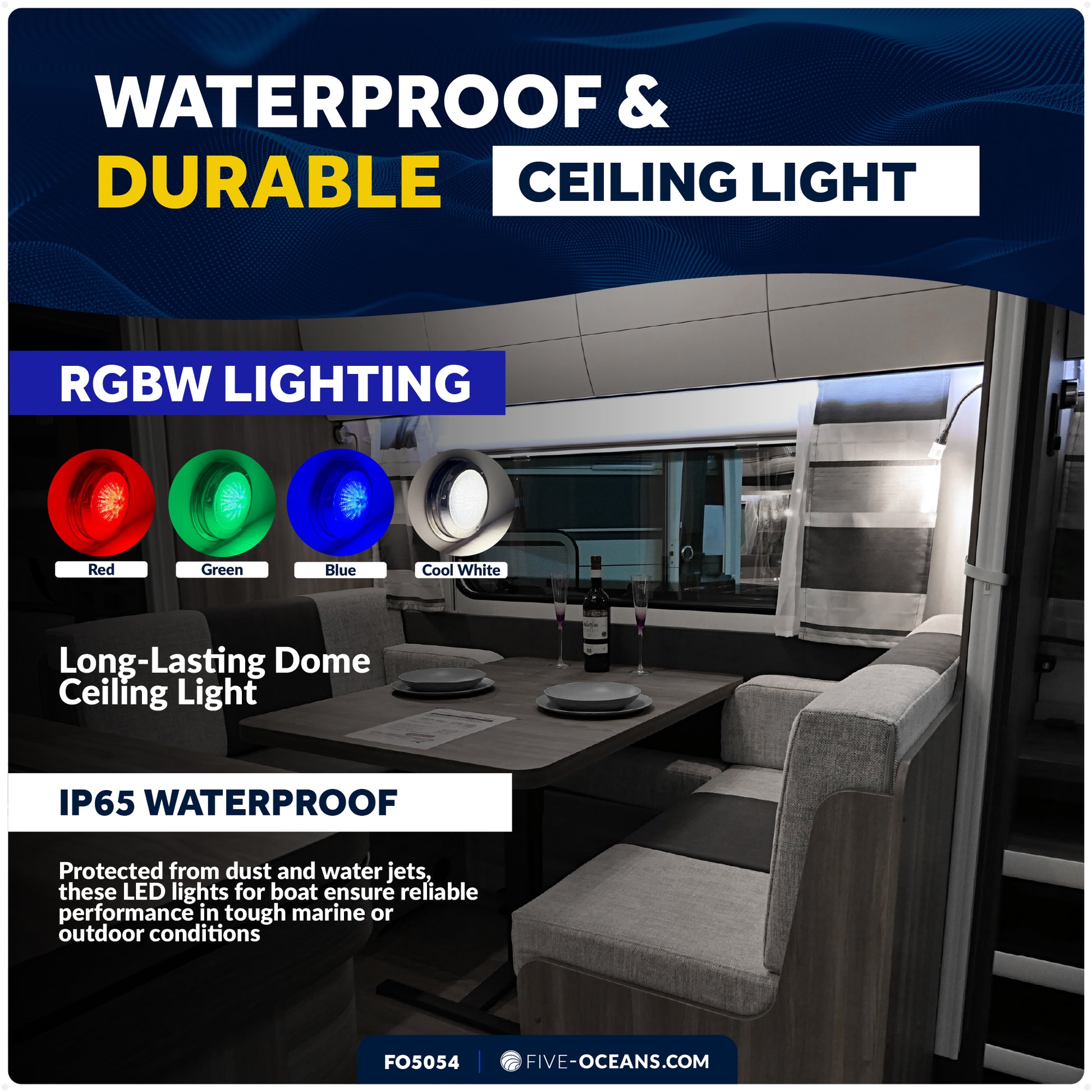 6" RGBW LED Dome Ceiling Light with Internal Drive, 12V, Stainless Steel Housing - FO5054 - Five Oceans