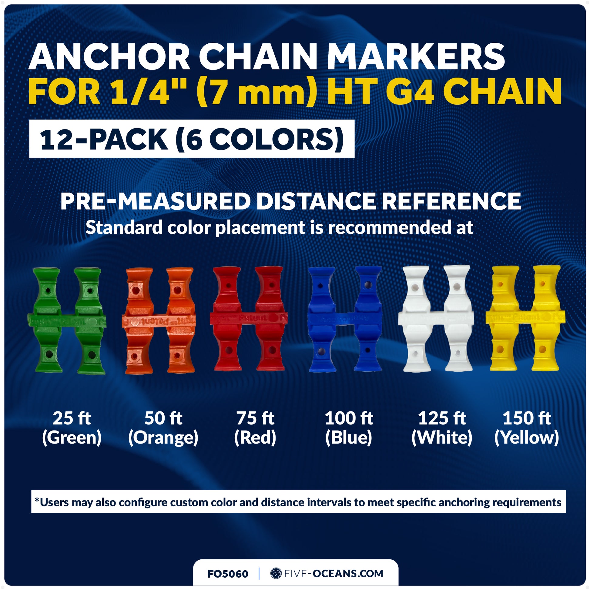 1/4" (7mm) HT G4 Anchor Windlass Chain Markers, 12-Pack, 6 Colors - FO5060 - Five Oceans