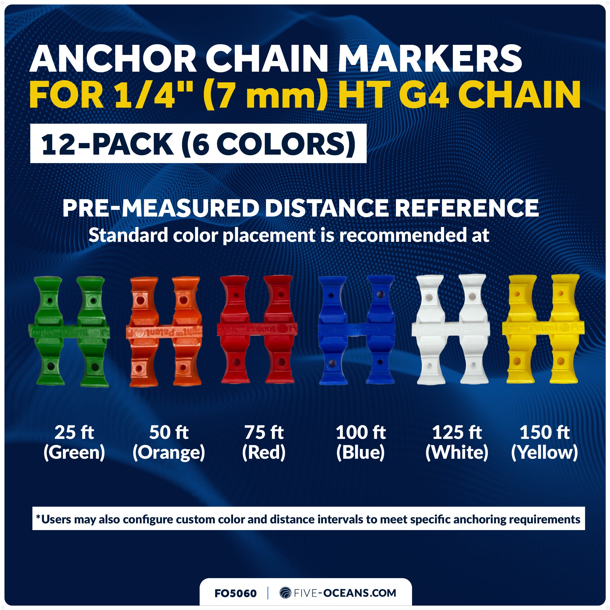 1/4" (7mm) HT G4 Anchor Windlass Chain Markers, 12-Pack, 6 Colors - FO5060 - Five Oceans