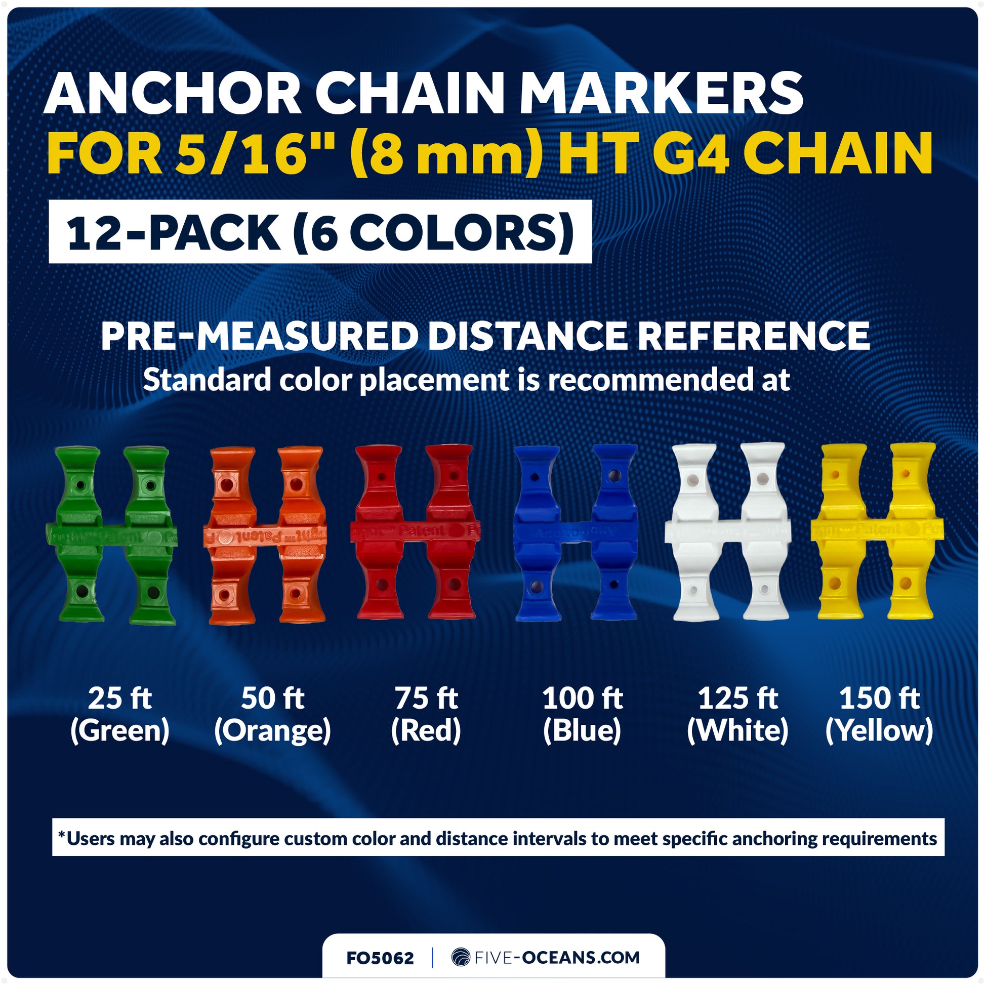 5/16" (8mm) HT G4 Anchor Windlass Chain Markers, 12-Pack, 6 Colors - FO5062 - Five Oceans