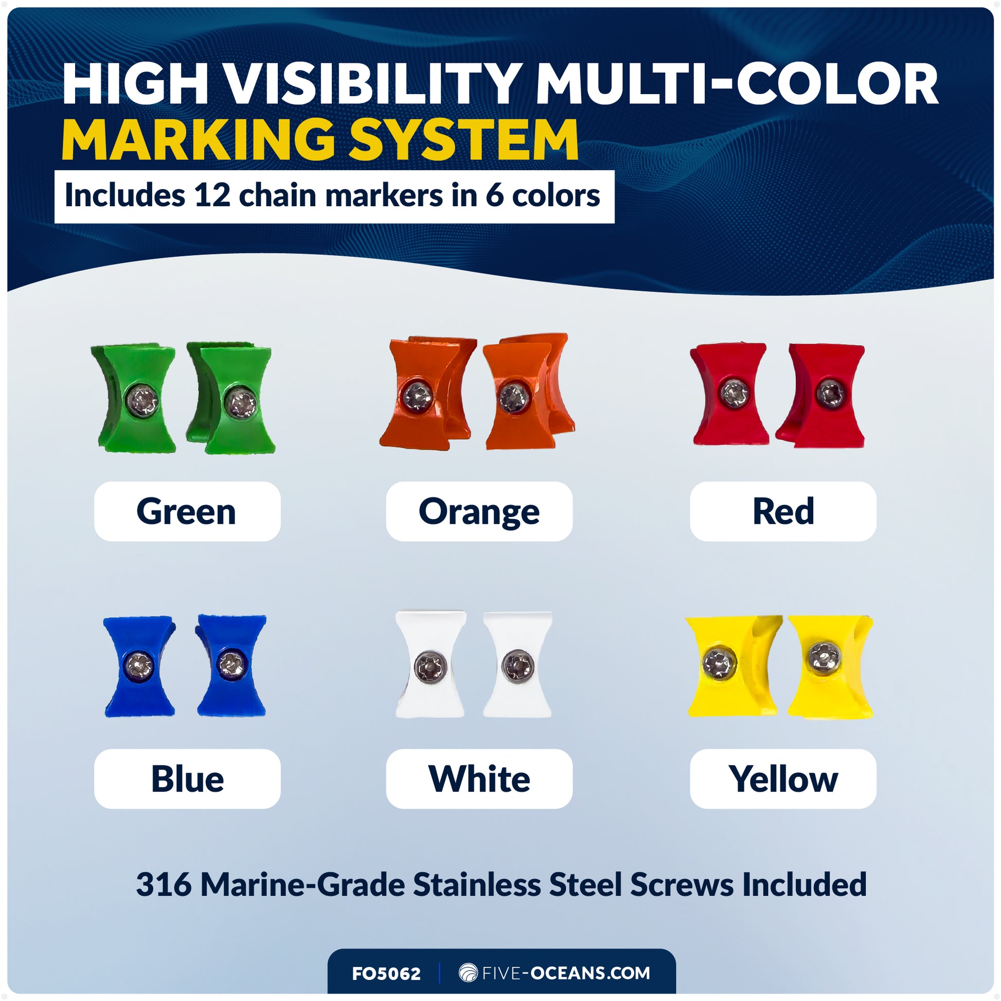 5/16" (8mm) HT G4 Anchor Windlass Chain Markers, 12-Pack, 6 Colors - FO5062 - Five Oceans