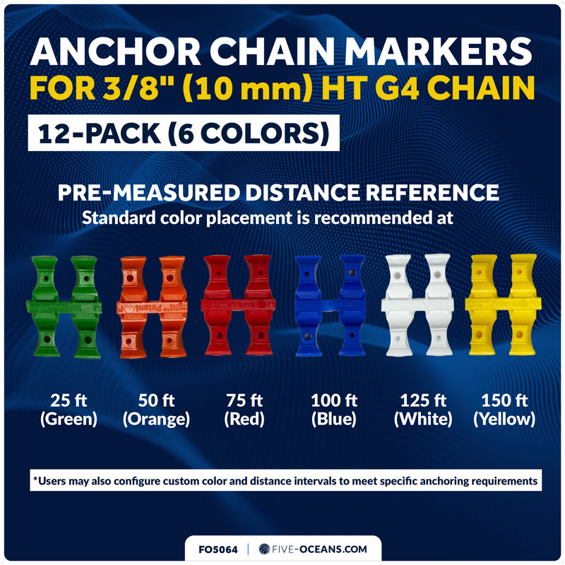 3/8" (10mm) HT G4 Anchor Windlass Chain Markers, 12-Pack, 6 Colors - FO5064 - Five Oceans